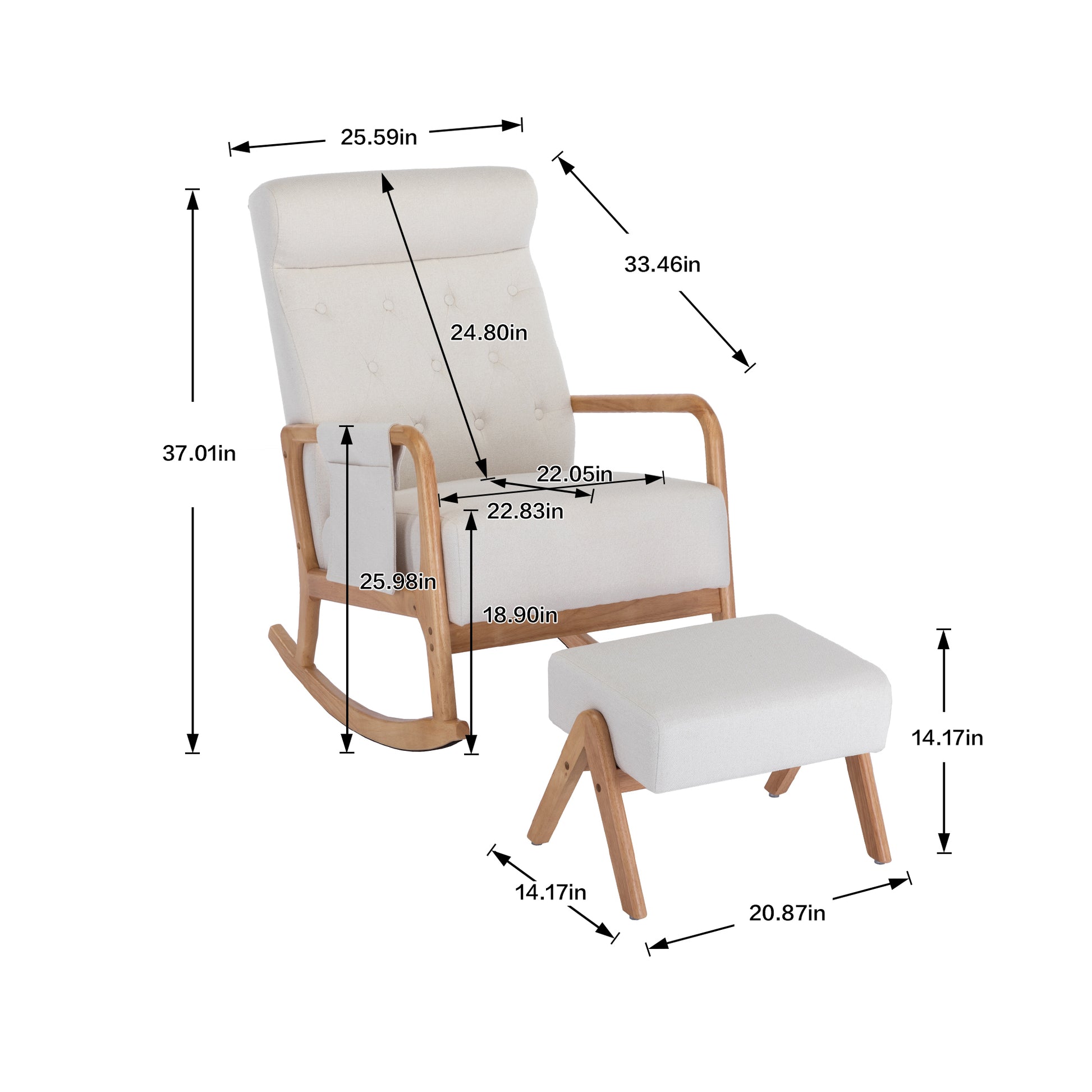 Coolmore Rocking Chair With Ottoman, Mid Century Modern Upholstered Fabric Rocking Armchair, Rocking Chair Nursery With Thick Padded Cushion, High Backrest Accent Glider Rocker Chair For Living Room Beige Solid Wood