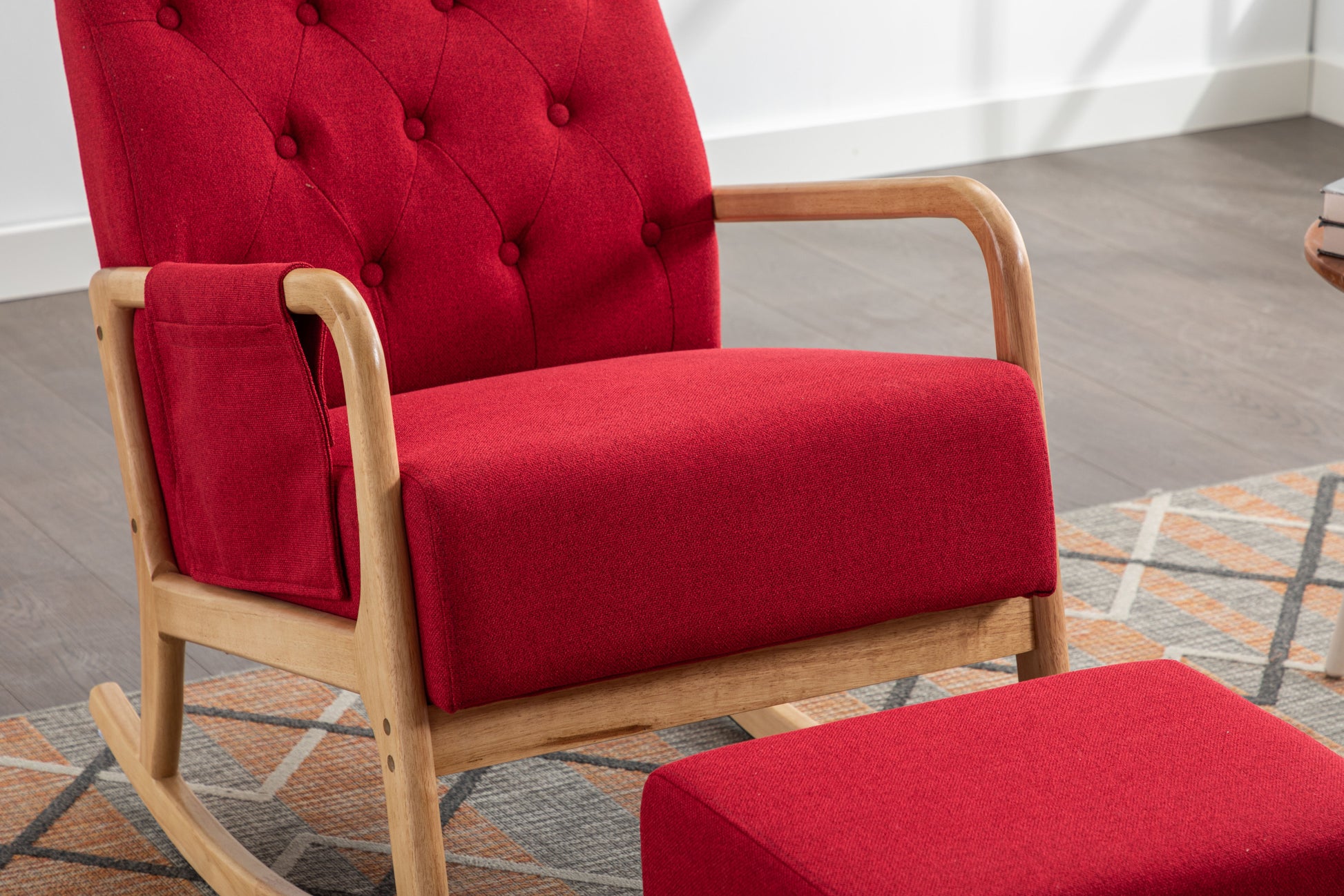 Coolmore Rocking Chair With Ottoman, Mid Century Modern Upholstered Fabric Rocking Armchair, Rocking Chair Nursery With Thick Padded Cushion, High Backrest Accent Glider Rocker Chair For Living Room Red Solid Wood