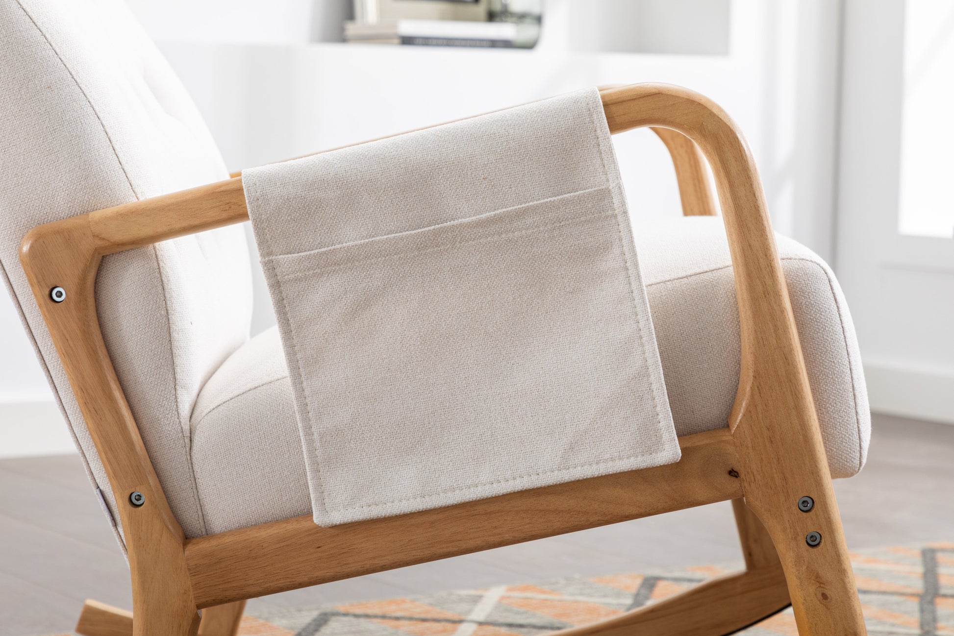 Coolmore Rocking Chair With Ottoman, Mid Century Modern Upholstered Fabric Rocking Armchair, Rocking Chair Nursery With Thick Padded Cushion, High Backrest Accent Glider Rocker Chair For Living Room Beige Solid Wood