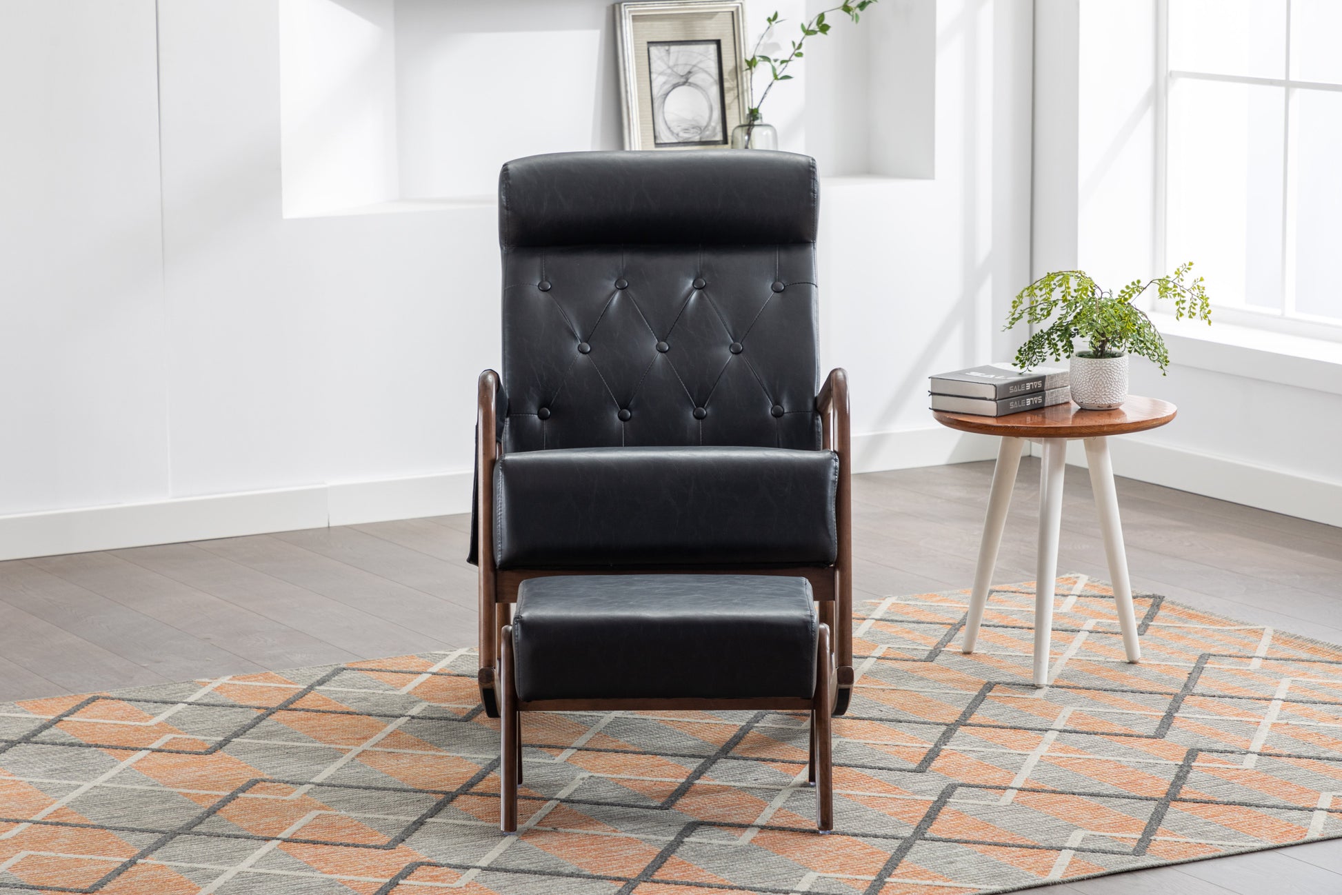 Coolmore Rocking Chair With Ottoman, Mid Century Modern Upholstered Fabric Rocking Armchair, Rocking Chair Nursery With Thick Padded Cushion, High Backrest Accent Glider Rocker Chair For Living Room Black Pu Solid Wood