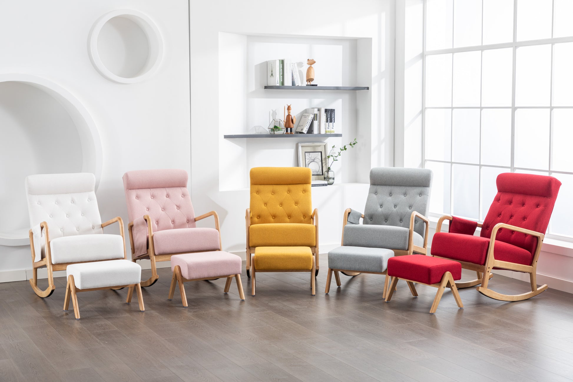 Coolmore Rocking Chair With Ottoman, Mid Century Modern Upholstered Fabric Rocking Armchair, Rocking Chair Nursery With Thick Padded Cushion, High Backrest Accent Glider Rocker Chair For Living Room Beige Solid Wood