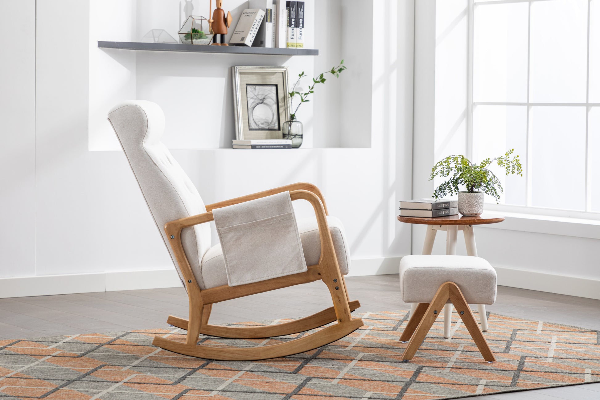 Coolmore Rocking Chair With Ottoman, Mid Century Modern Upholstered Fabric Rocking Armchair, Rocking Chair Nursery With Thick Padded Cushion, High Backrest Accent Glider Rocker Chair For Living Room Beige Solid Wood