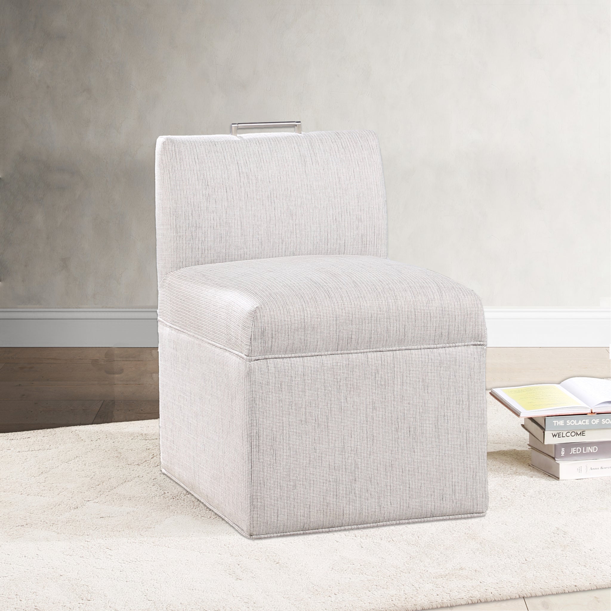 Della Modern Upholstered Castered Chair In Sea Oat Beige Foam Fabric