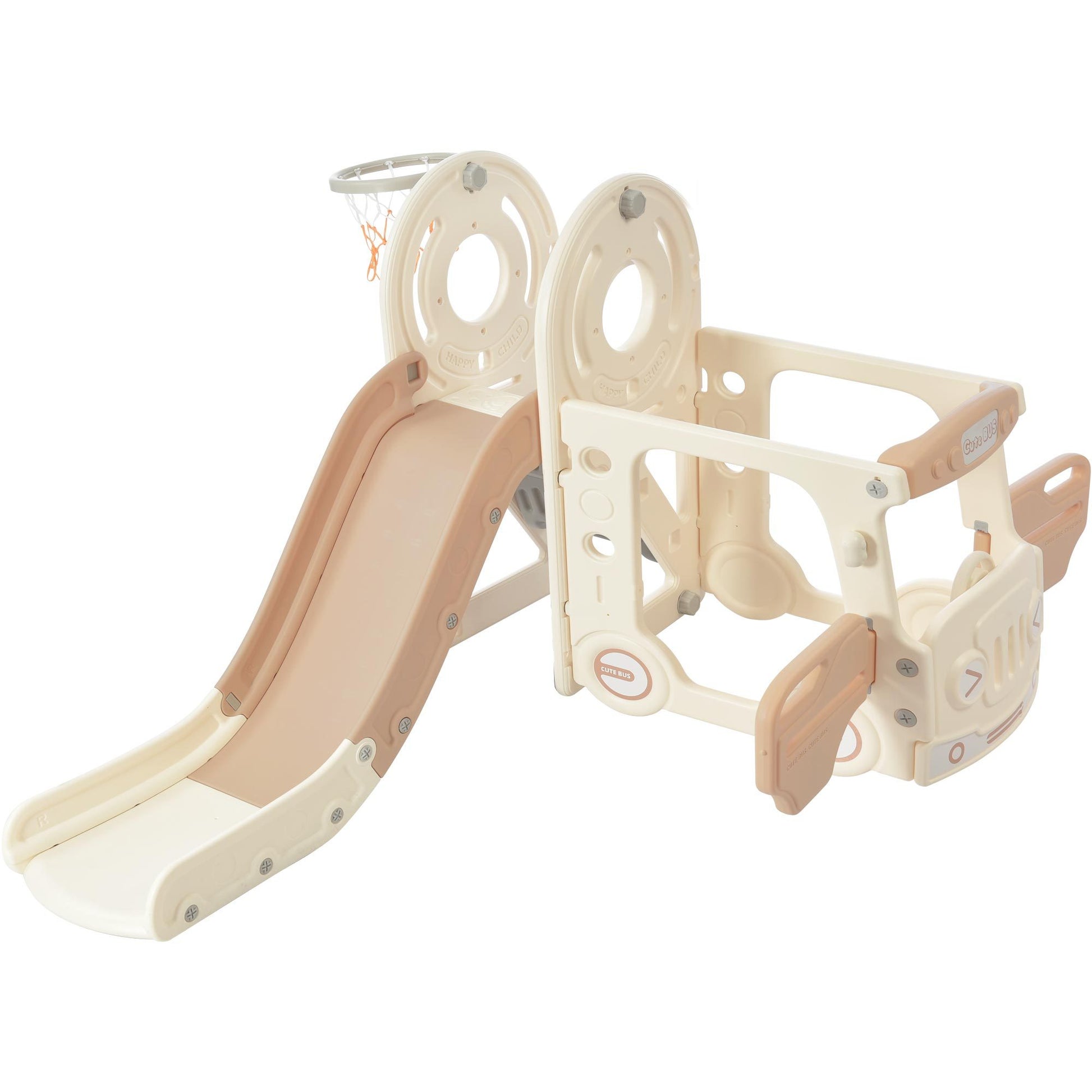 Kids Slide With Bus Play Structure, Freestanding Bus Toy With Slide For Toddlers, Bus Slide Set With Basketball Hoop Beige Hdpe