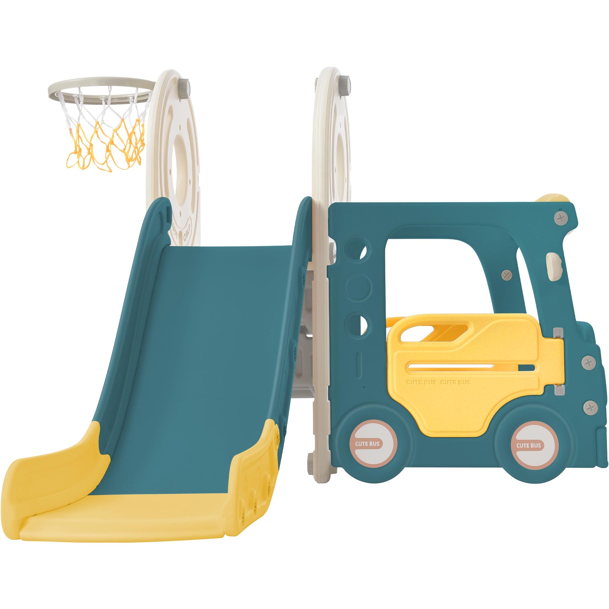 Kids Slide With Bus Play Structure, Freestanding Bus Toy With Slide For Toddlers, Bus Slide Set With Basketball Hoop Yellow Hdpe