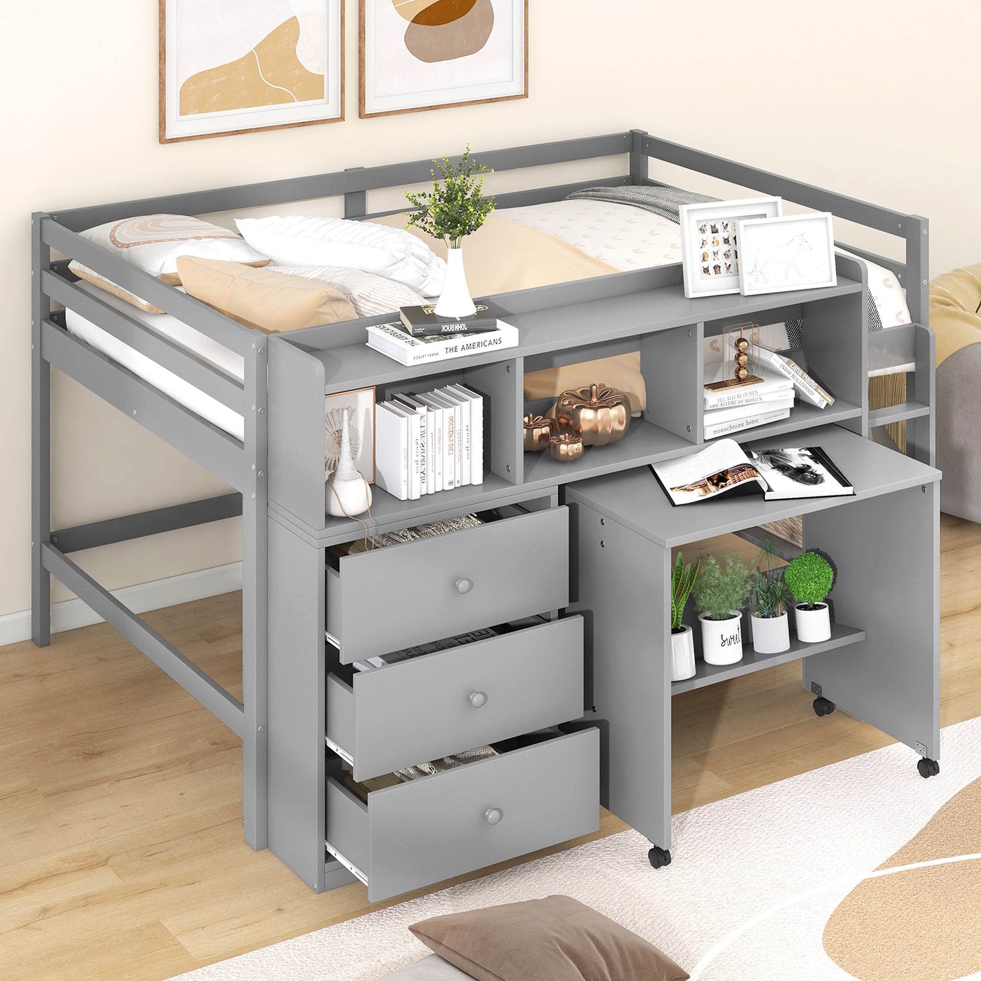 Full Size Low Loft Bed With Rolling Portable Desk, Drawers And Shelves, Gray Old Sku: Gx000711Aae Box Spring Not Required Full Gray Wood Bedroom Pine