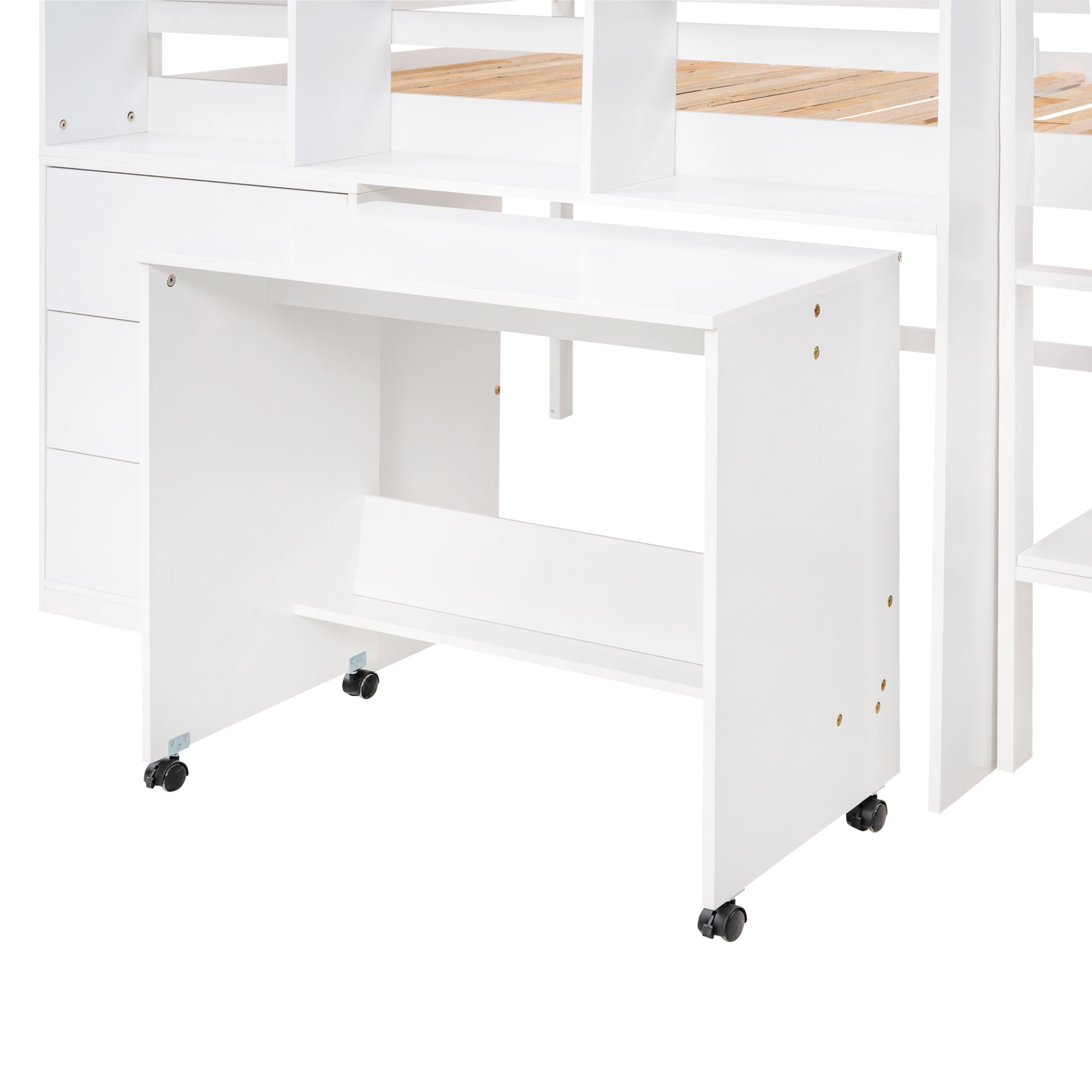 Full Size Low Loft Bed With Rolling Portable Desk, Drawers And Shelves, White Old Sku: Gx000711Aak Box Spring Not Required Full White Wood Bedroom Pine