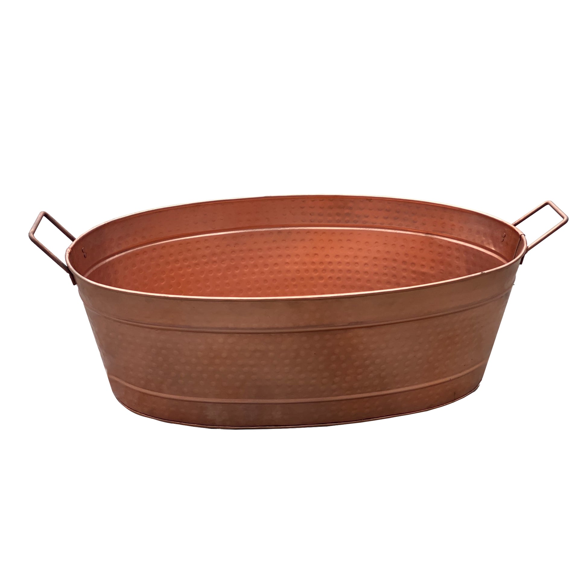 Oval Shape Hammered Texture Metal Tub With 2 Side Handles, Copper Coppery Steel