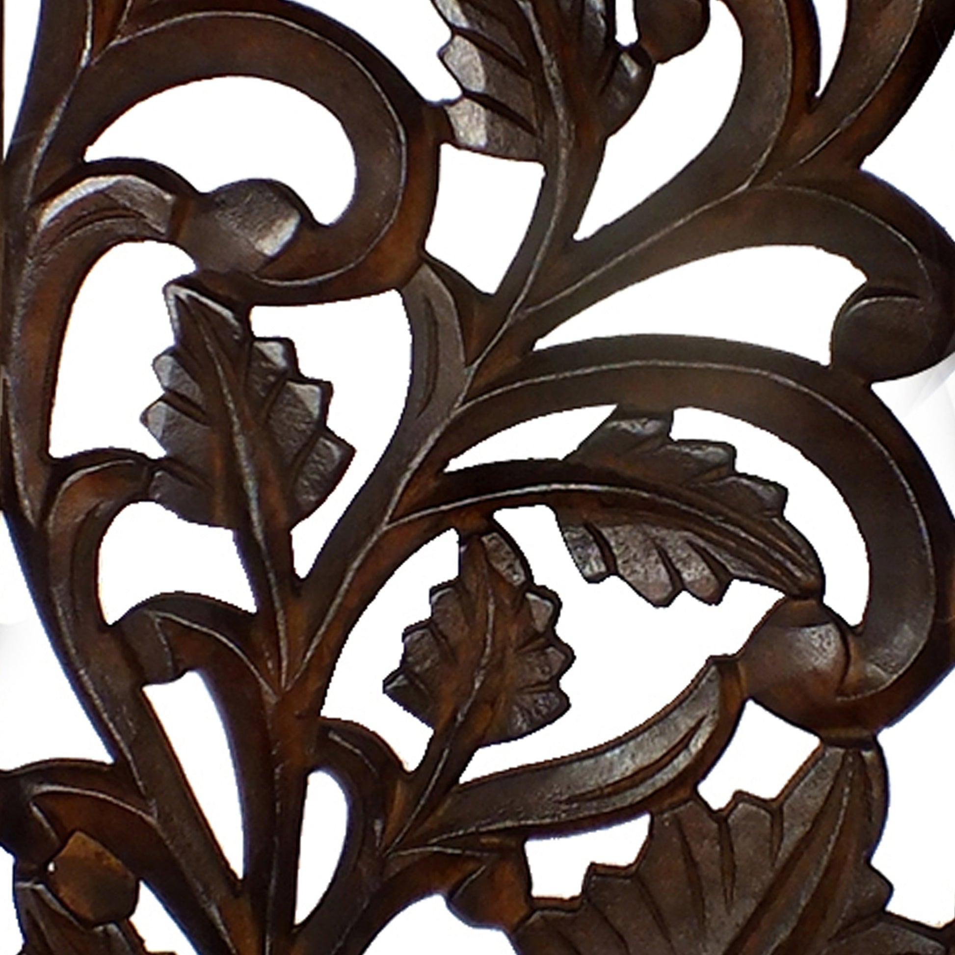 Mango Wood Wall Panel Hand Crafted With Leaves And Scroll Work Motif, Brown Brown Solid Wood