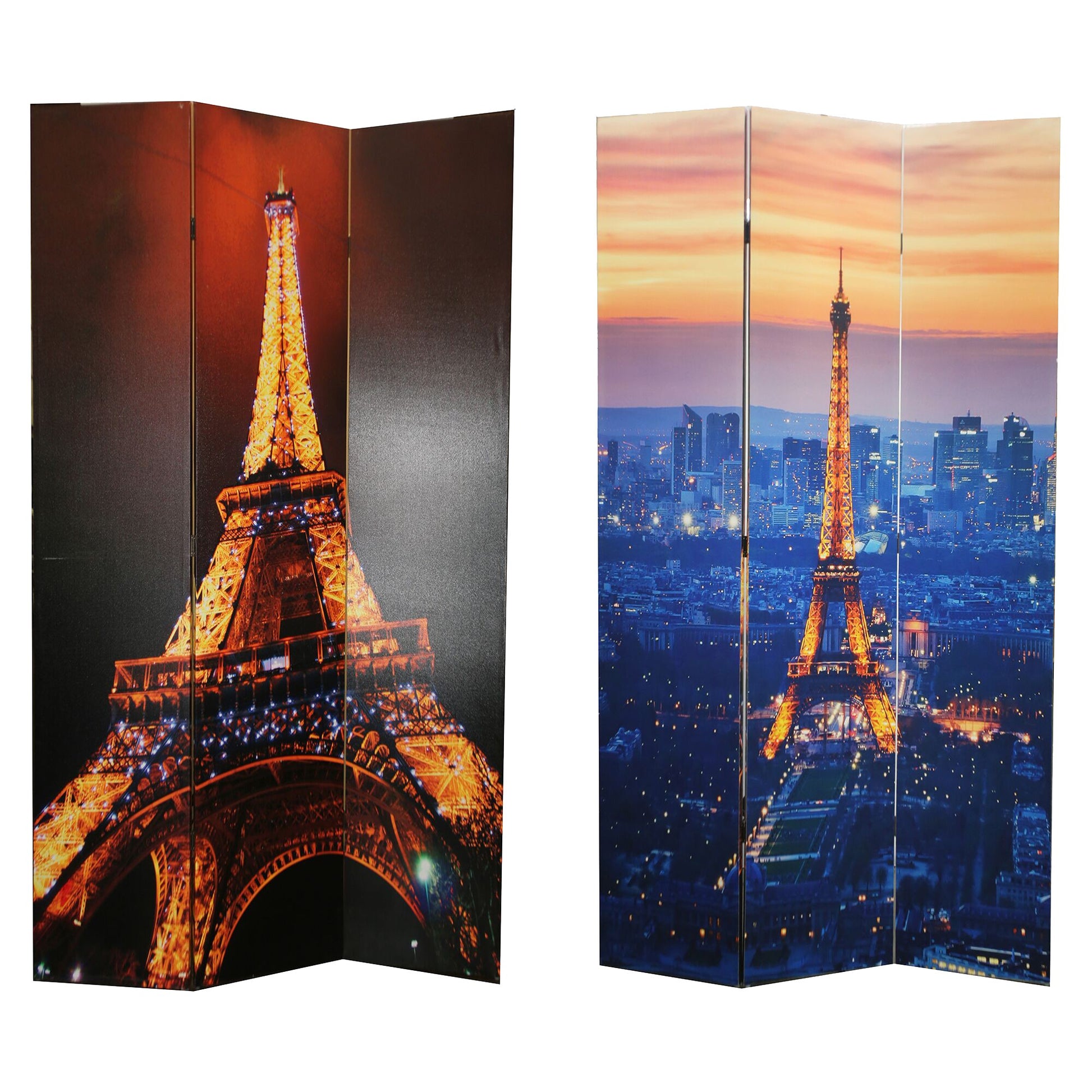 71 Inch 3 Panel Room Divider, Eiffel Tower Digital Print, Multicolor Multicolor Solid Wood