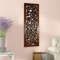 Mango Wood Wall Panel Hand Crafted With Leaves And Scroll Work Motif, Brown Brown Solid Wood