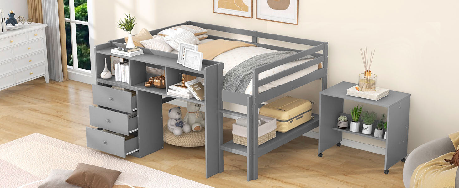 Full Size Low Loft Bed With Rolling Portable Desk, Drawers And Shelves, Gray Old Sku: Gx000711Aae Box Spring Not Required Full Gray Wood Bedroom Pine