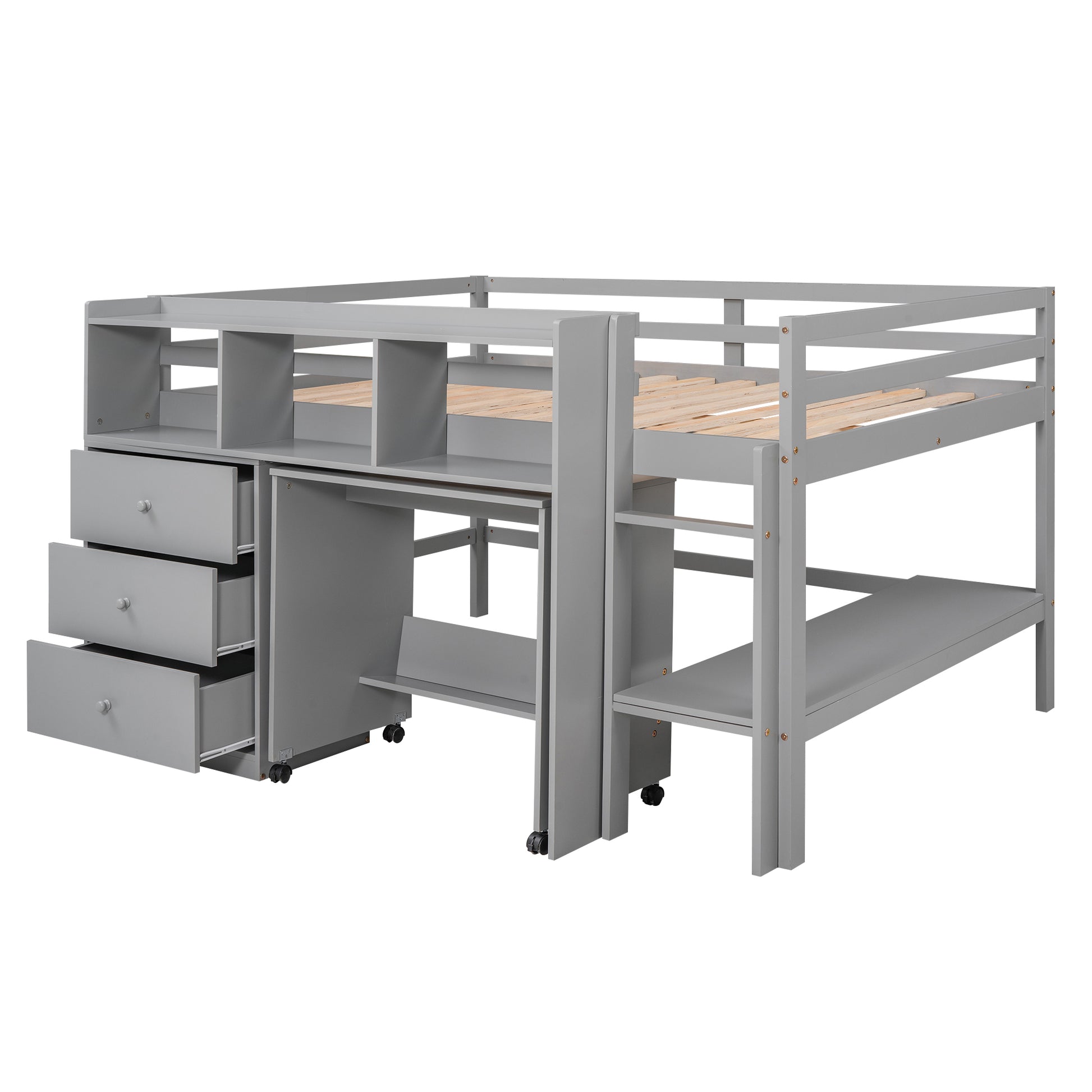 Full Size Low Loft Bed With Rolling Portable Desk, Drawers And Shelves, Gray Old Sku: Gx000711Aae Box Spring Not Required Full Gray Wood Bedroom Pine