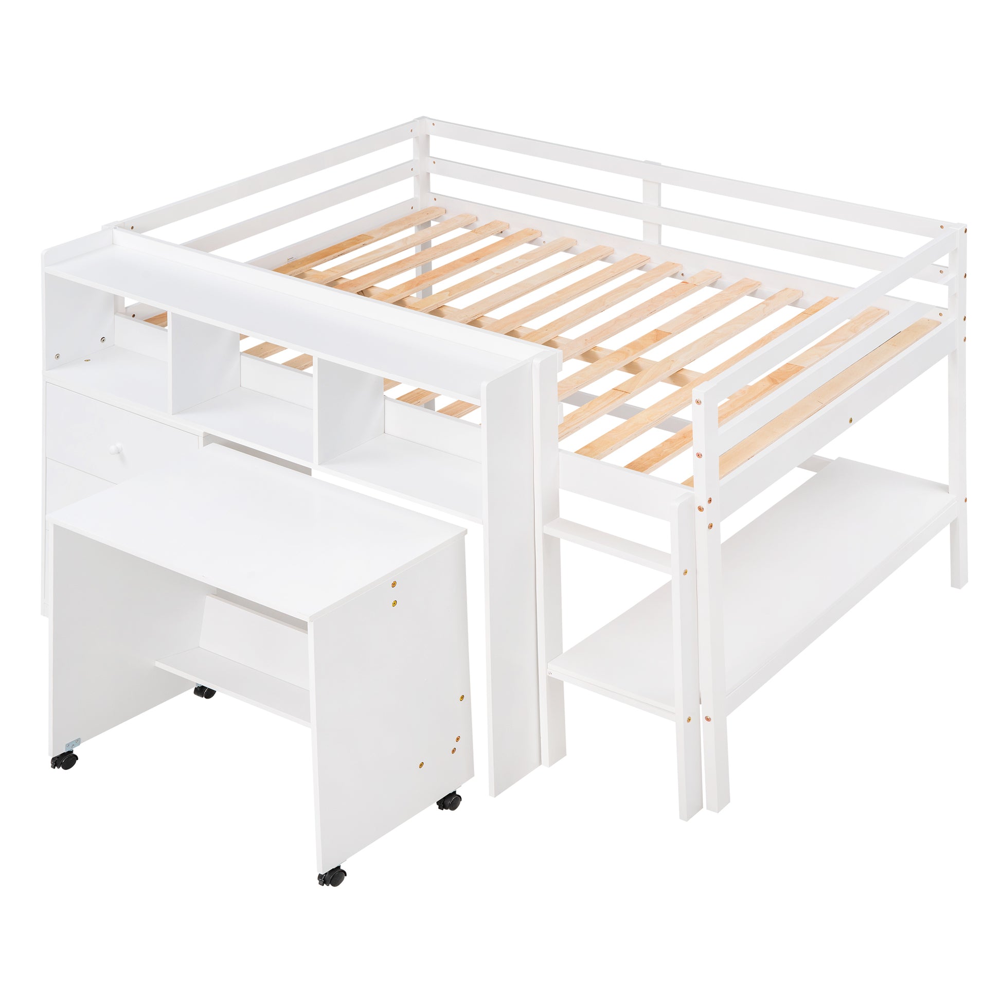 Full Size Low Loft Bed With Rolling Portable Desk, Drawers And Shelves, White Old Sku: Gx000711Aak Box Spring Not Required Full White Wood Bedroom Pine