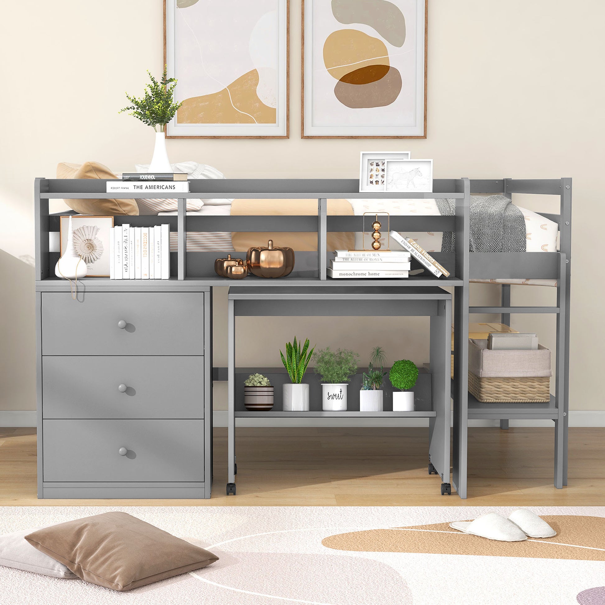 Full Size Low Loft Bed With Rolling Portable Desk, Drawers And Shelves, Gray Old Sku: Gx000711Aae Box Spring Not Required Full Gray Wood Bedroom Pine