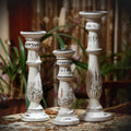 Distressed Mango Wood Pillar Shaped Candle Holder, Set Of 3, White White Solid Wood