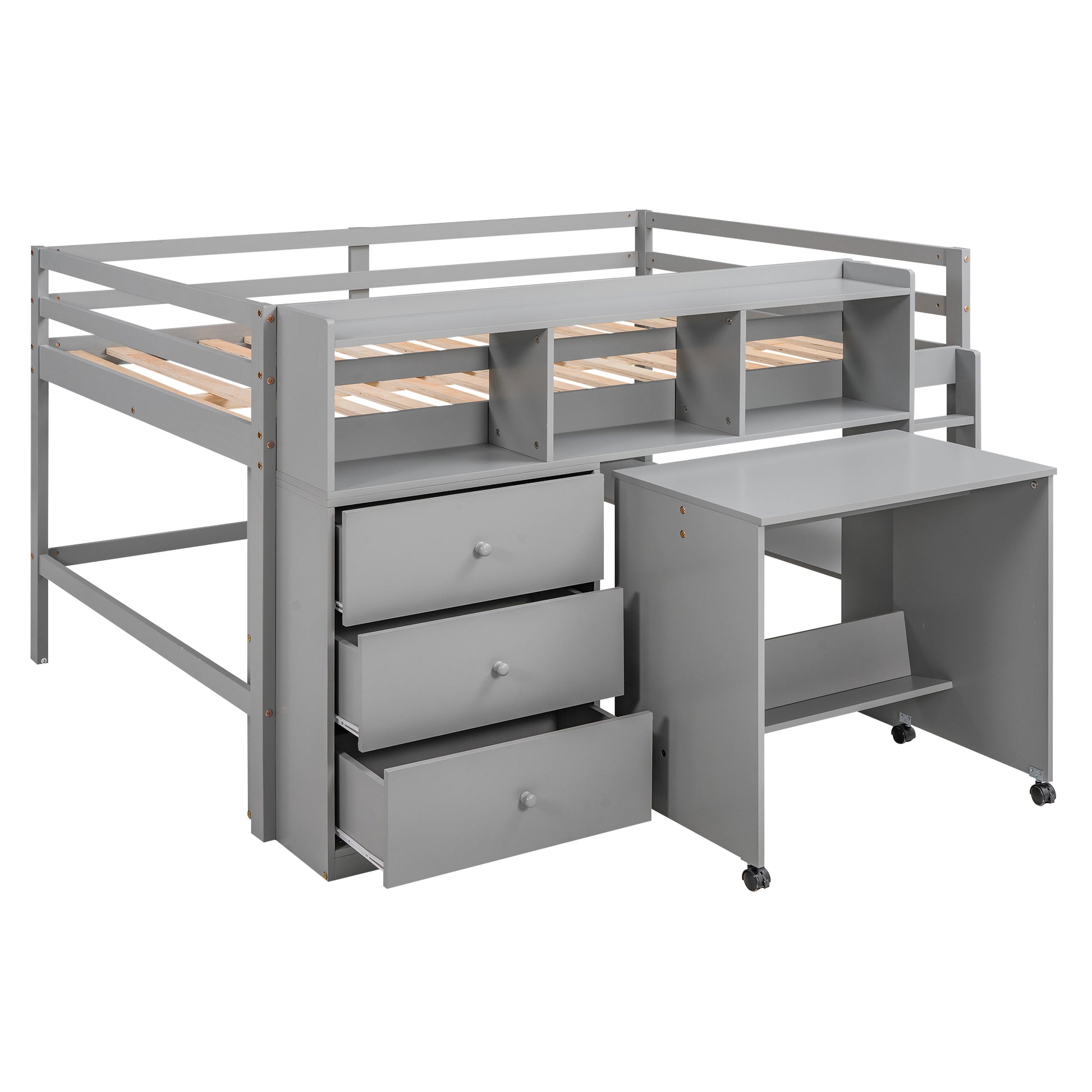 Full Size Low Loft Bed With Rolling Portable Desk, Drawers And Shelves, Gray Old Sku: Gx000711Aae Box Spring Not Required Full Gray Wood Bedroom Pine