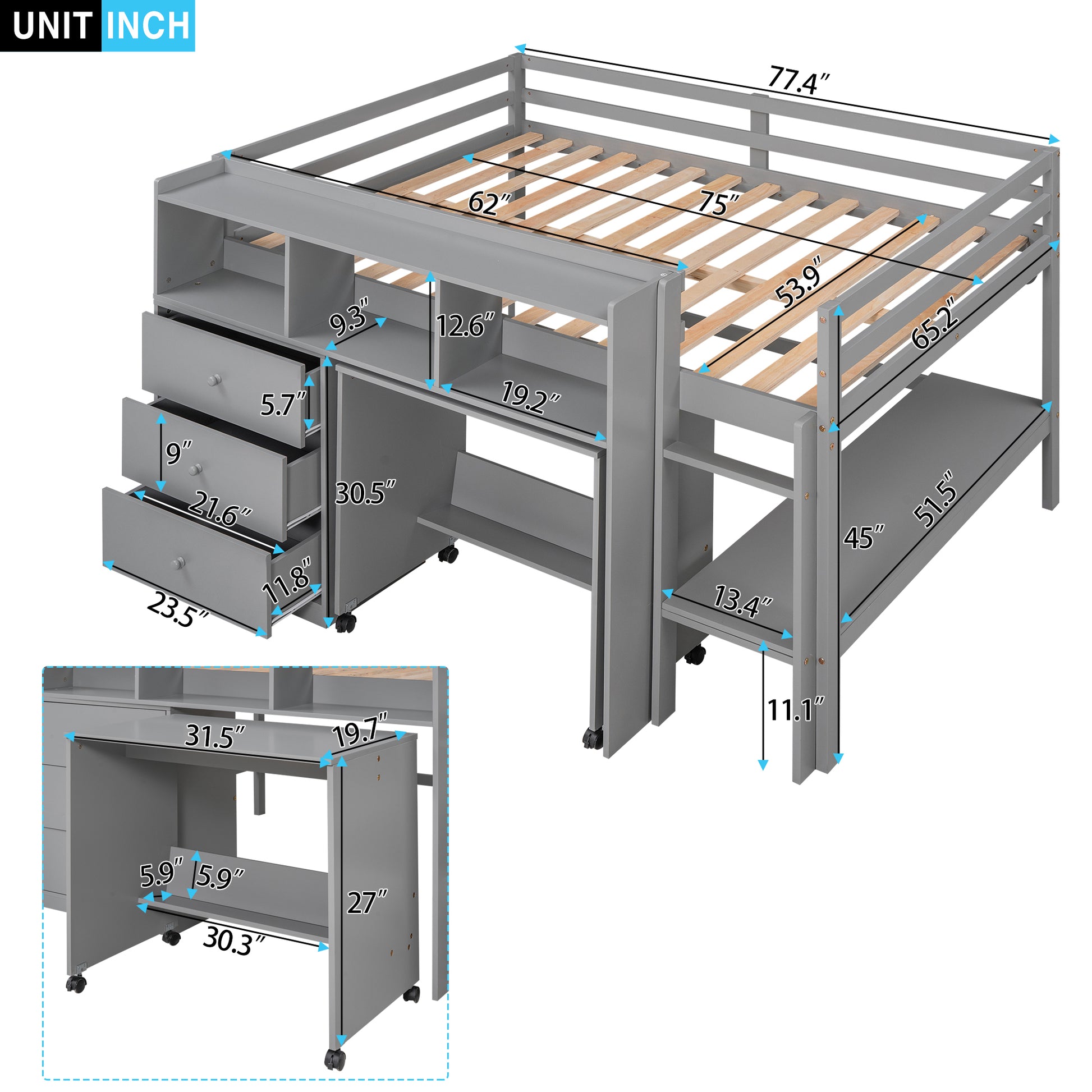 Full Size Low Loft Bed With Rolling Portable Desk, Drawers And Shelves, Gray Old Sku: Gx000711Aae Box Spring Not Required Full Gray Wood Bedroom Pine