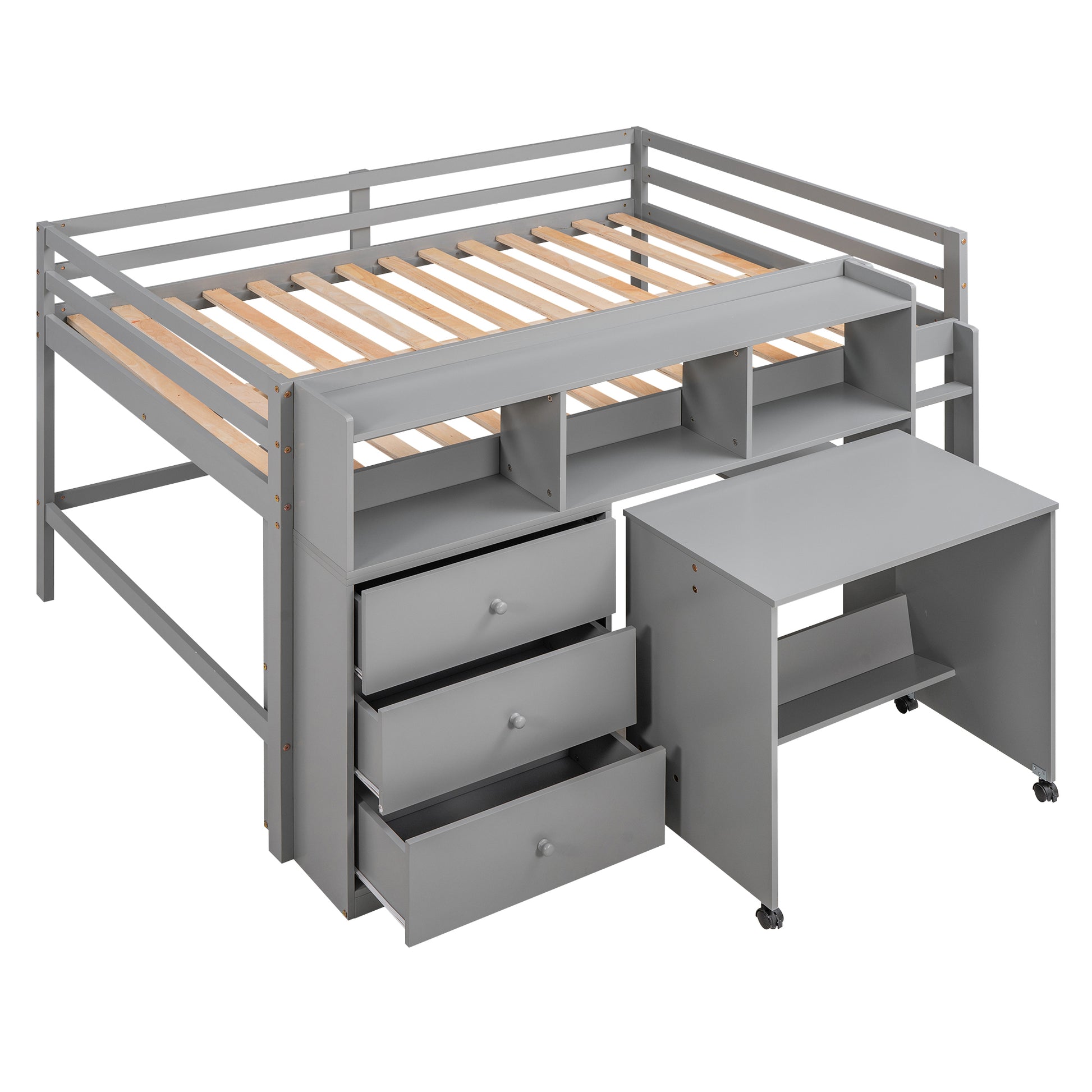 Full Size Low Loft Bed With Rolling Portable Desk, Drawers And Shelves, Gray Old Sku: Gx000711Aae Box Spring Not Required Full Gray Wood Bedroom Pine