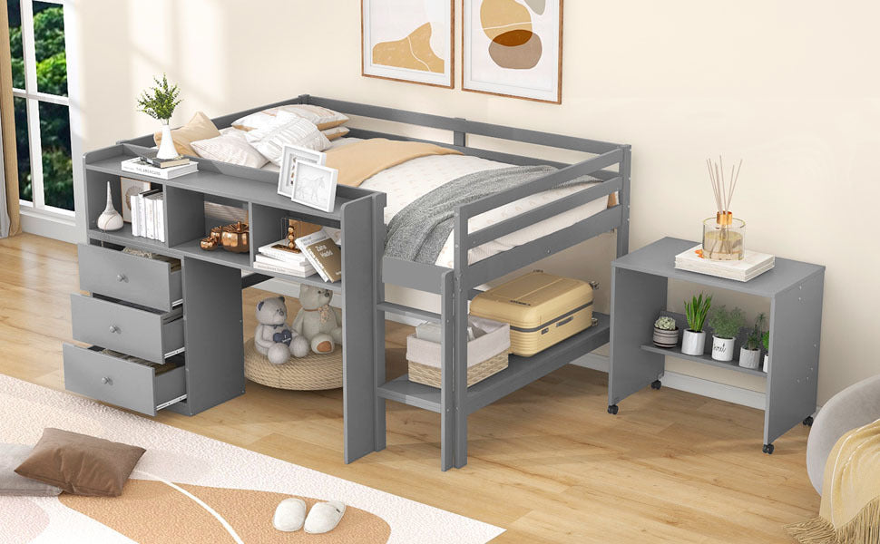 Full Size Low Loft Bed With Rolling Portable Desk, Drawers And Shelves, Gray Old Sku: Gx000711Aae Box Spring Not Required Full Gray Wood Bedroom Pine