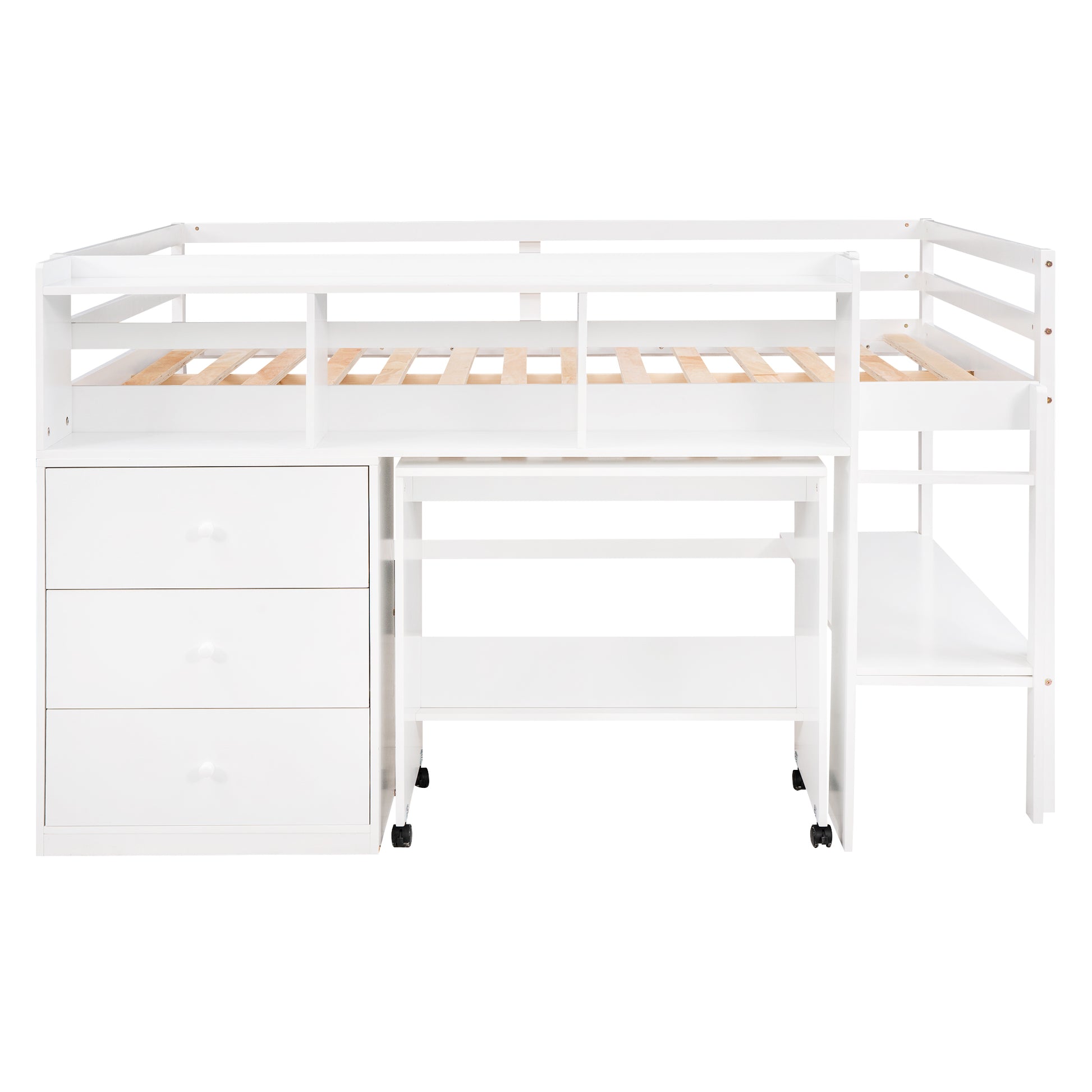 Full Size Low Loft Bed With Rolling Portable Desk, Drawers And Shelves, White Old Sku: Gx000711Aak Box Spring Not Required Full White Wood Bedroom Pine