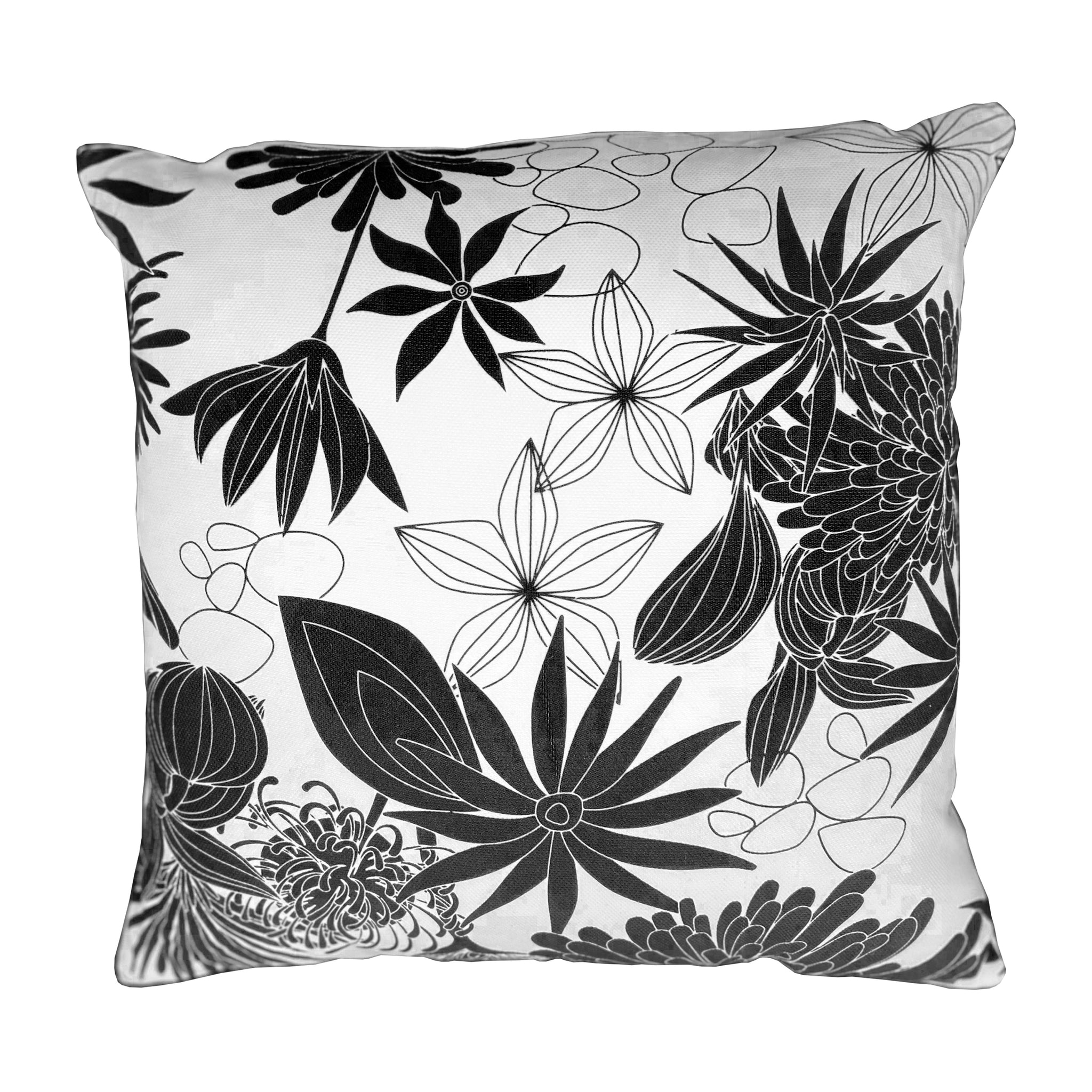 17 X 17 Inch Decorative Square Cotton Accent Throw Pillow With Classic Floral Print, Black And White White Cotton