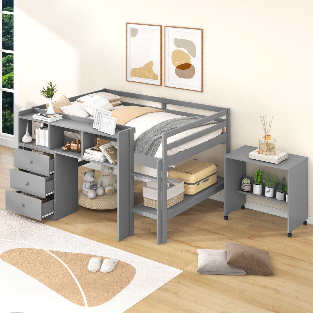 Full Size Low Loft Bed With Rolling Portable Desk, Drawers And Shelves, Gray Old Sku: Gx000711Aae Box Spring Not Required Full Gray Wood Bedroom Pine