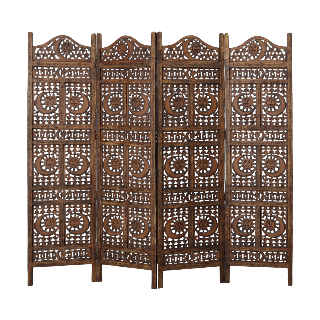 Hand Carved Sun And Moon Design Foldable 4 Panel Wooden Room Divider, Brown Brown Solid Wood