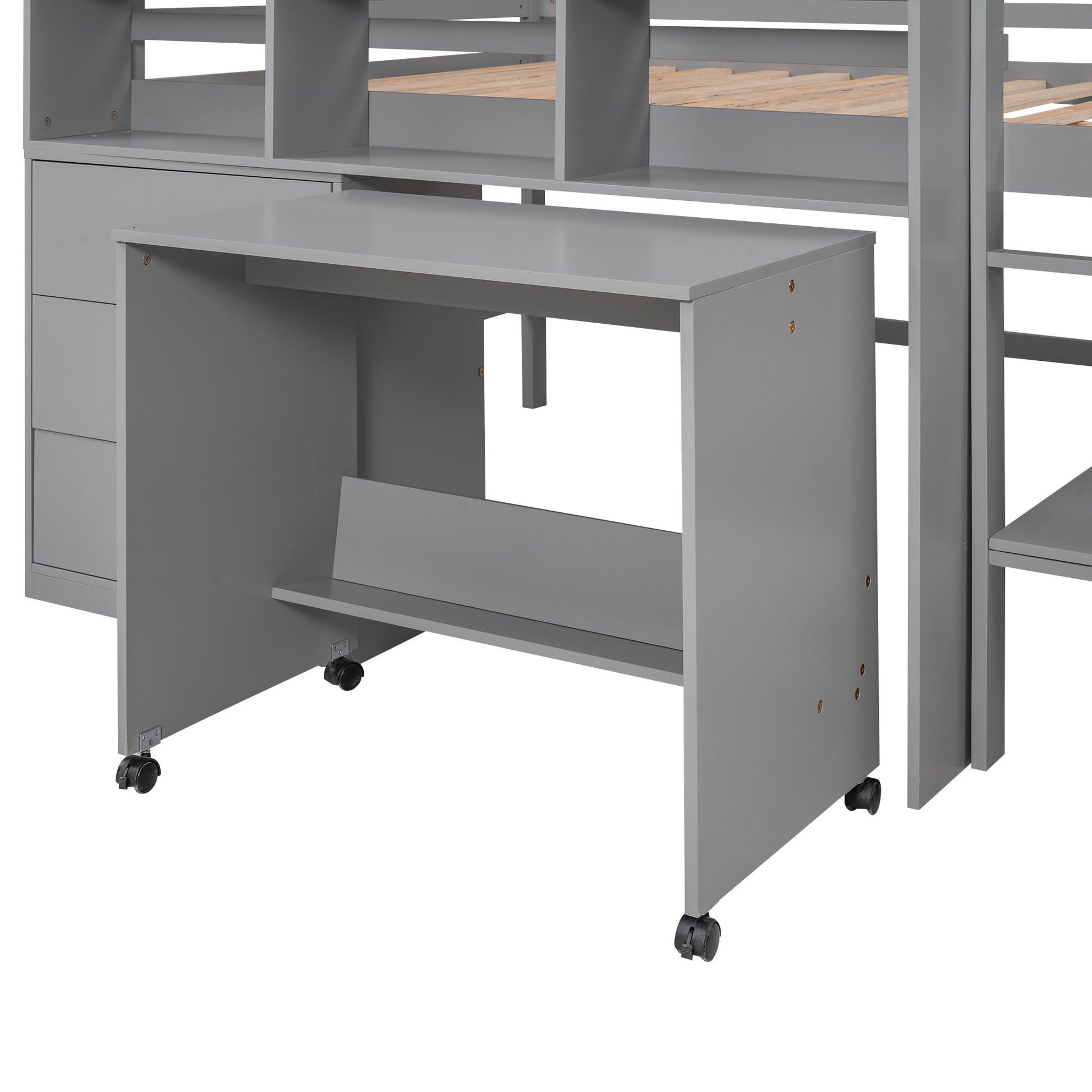 Full Size Low Loft Bed With Rolling Portable Desk, Drawers And Shelves, Gray Old Sku: Gx000711Aae Box Spring Not Required Full Gray Wood Bedroom Pine