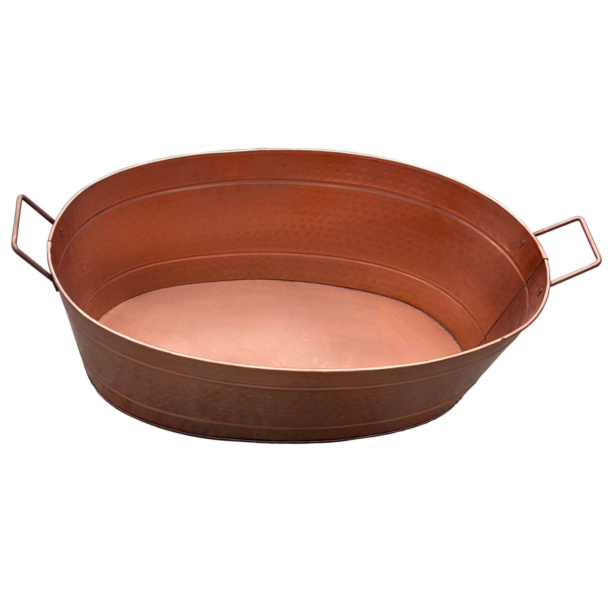 Oval Shape Hammered Texture Metal Tub With 2 Side Handles, Copper Coppery Steel