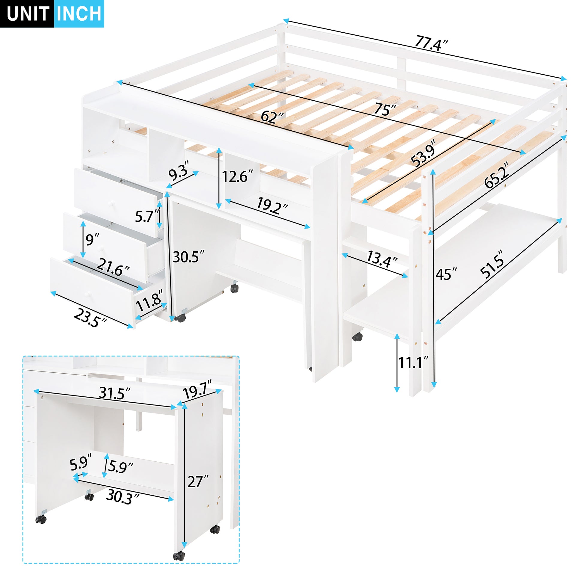 Full Size Low Loft Bed With Rolling Portable Desk, Drawers And Shelves, White Old Sku: Gx000711Aak Box Spring Not Required Full White Wood Bedroom Pine