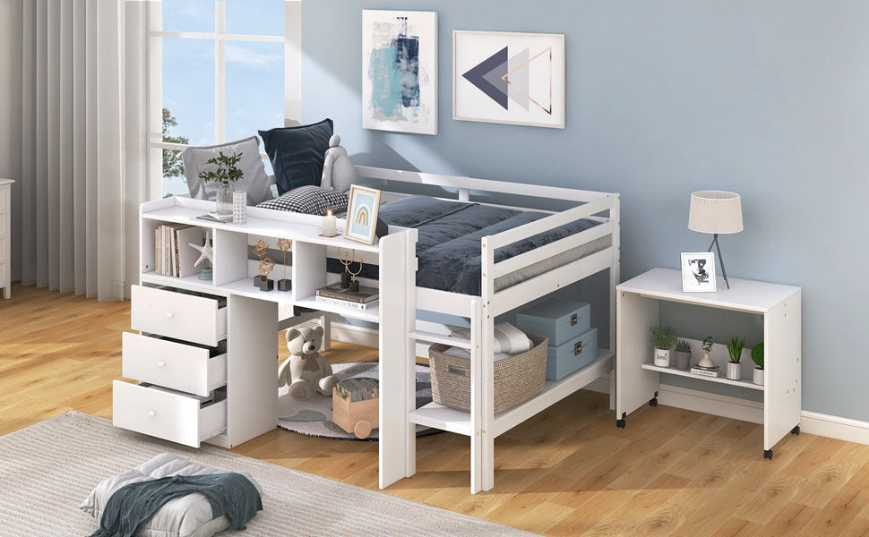 Full Size Low Loft Bed With Rolling Portable Desk, Drawers And Shelves, White Old Sku: Gx000711Aak Box Spring Not Required Full White Wood Bedroom Pine