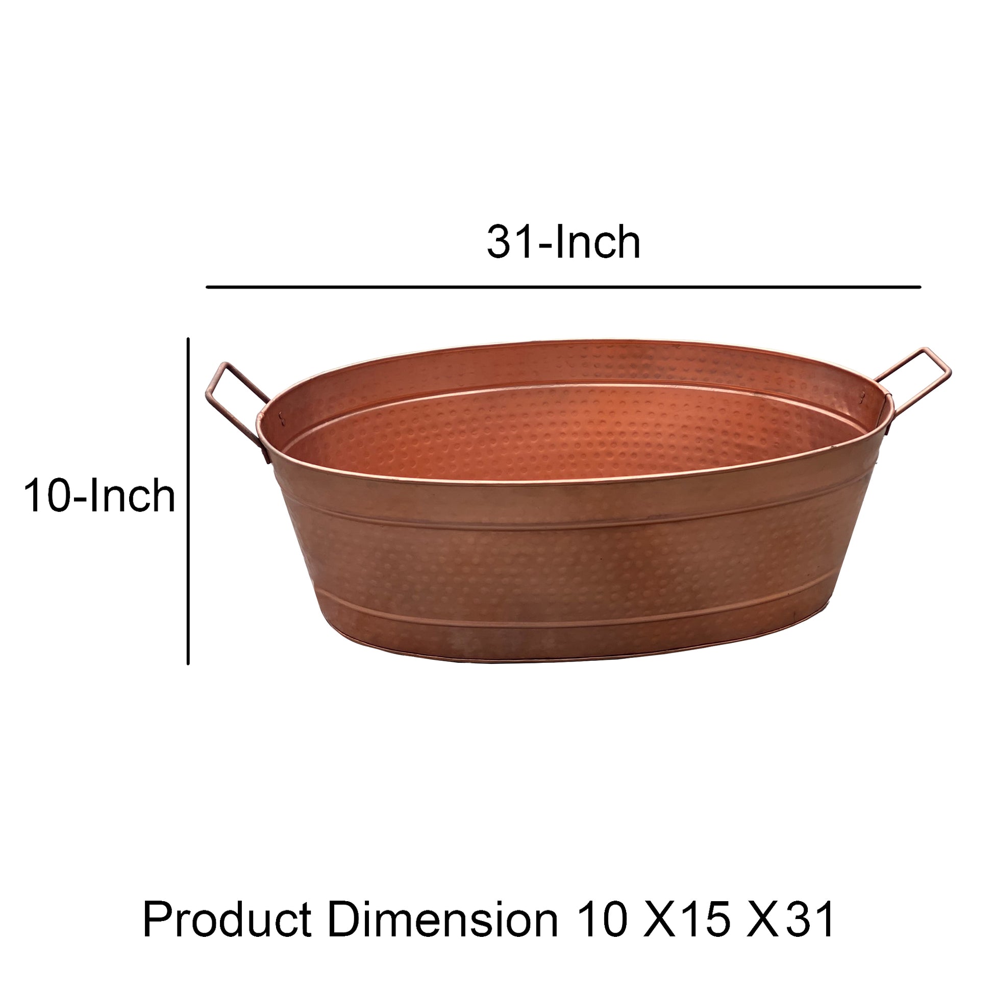 Oval Shape Hammered Texture Metal Tub With 2 Side Handles, Copper Coppery Steel