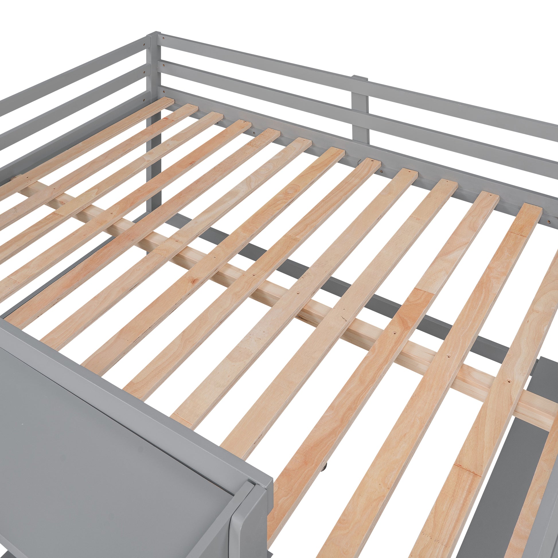 Full Size Low Loft Bed With Rolling Portable Desk, Drawers And Shelves, Gray Old Sku: Gx000711Aae Box Spring Not Required Full Gray Wood Bedroom Pine