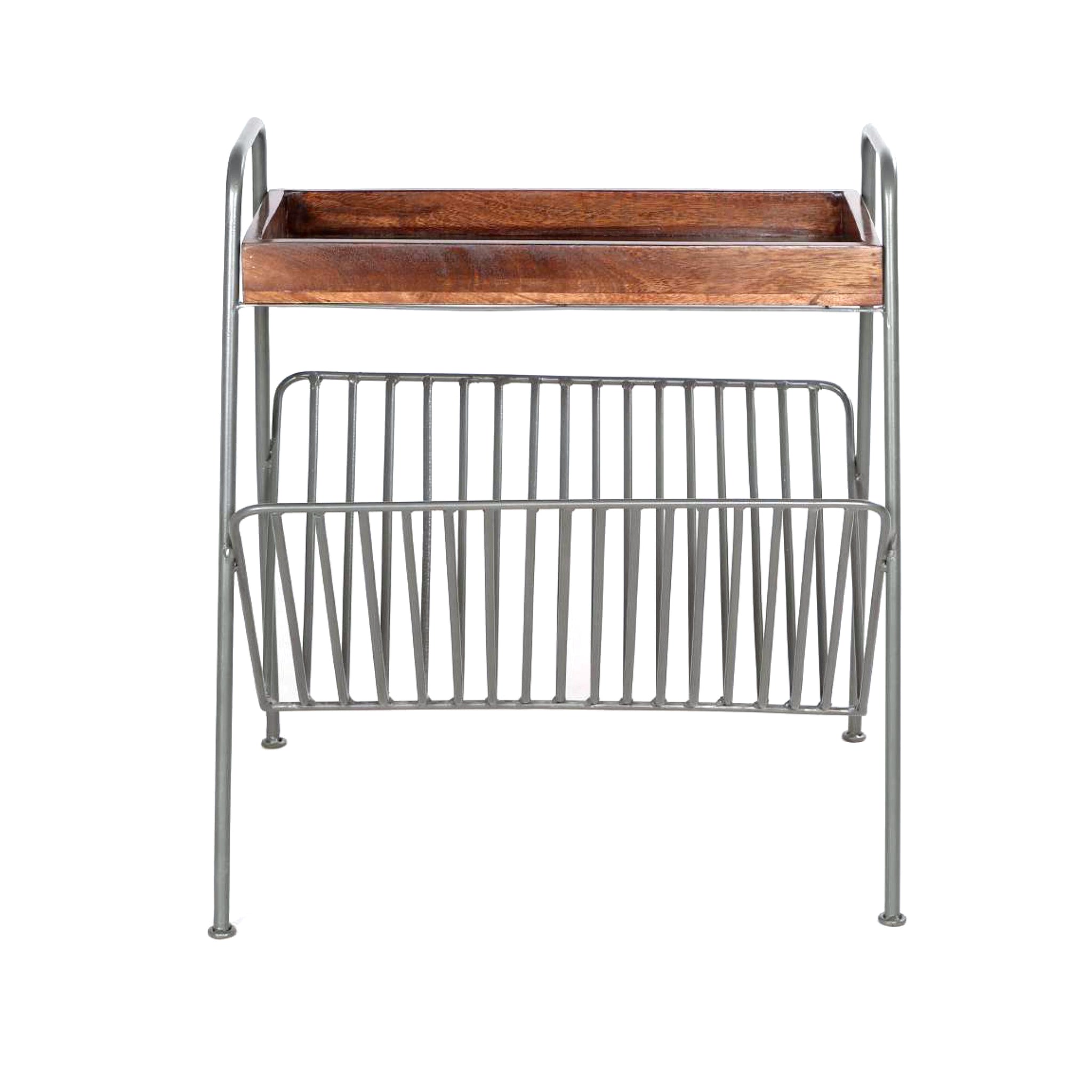 25 Inch Rectangular Metal Frame Side Table, Magazine Rack, Mango Wood Tray Top, Brown, Pewter Gray Gray Iron