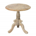 Intricately Carved Round Top Mango Wood Side End Table With Pedestal Base, Brown And White Brown Solid Wood