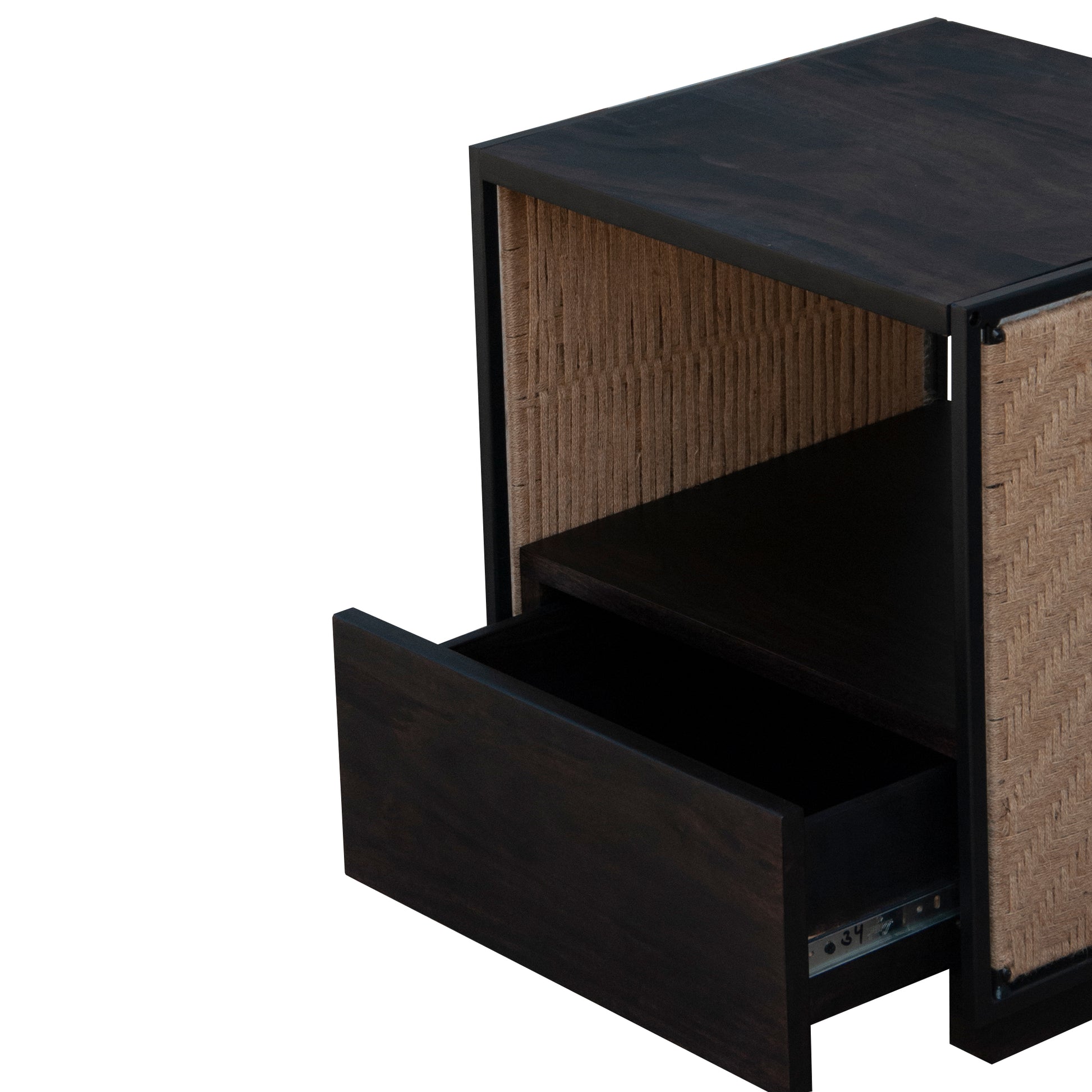 21 Inch Handcrafted Acacia Wood Side Table Nightstand, Woven Jute Side Panels, Brown, Black Black Solid Wood