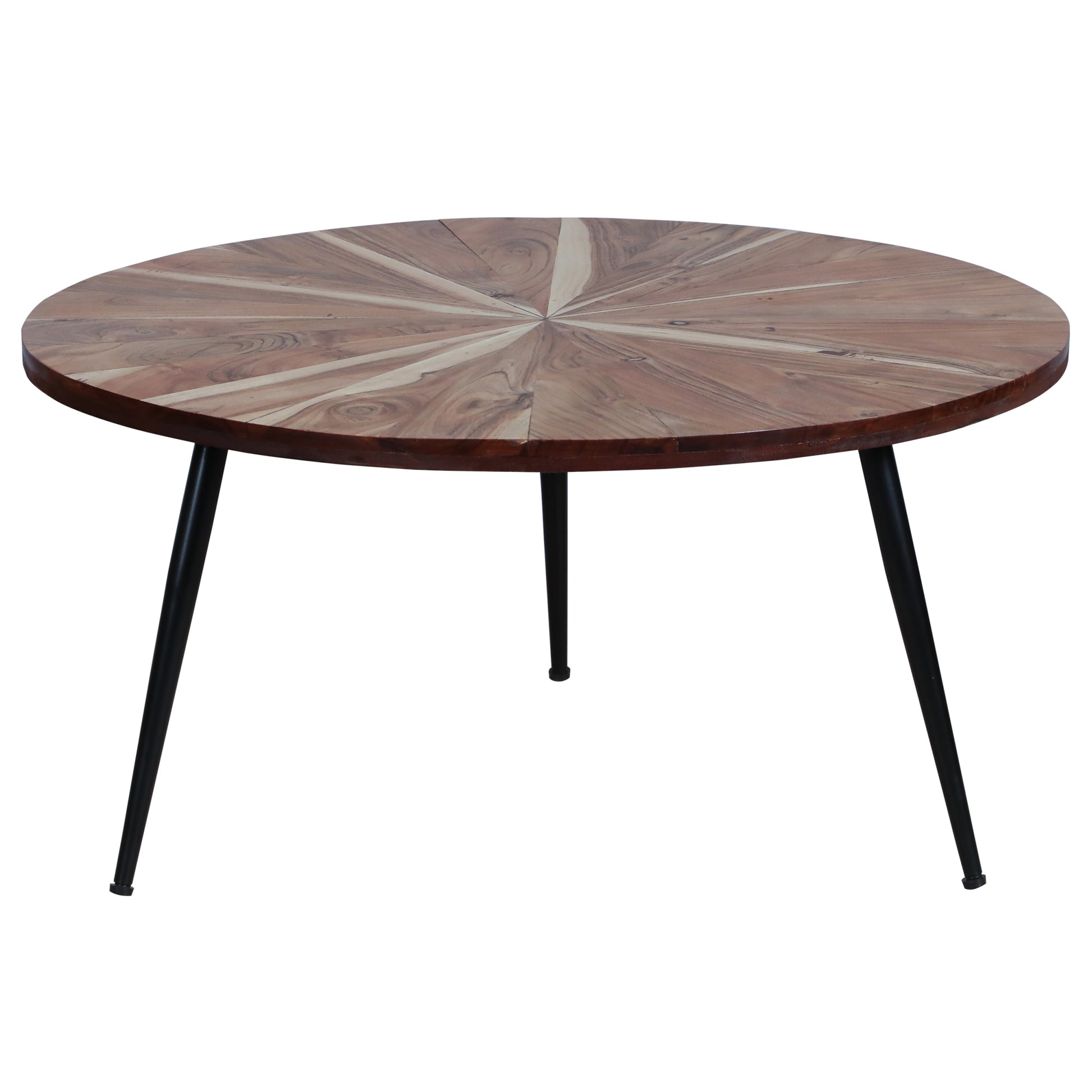 31 Inch Round Mango Wood Coffee Table, Sunburst Design, Tapered Iron Legs, Brown, Black Brown Solid Wood