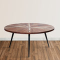 31 Inch Round Mango Wood Coffee Table, Sunburst Design, Tapered Iron Legs, Brown, Black Brown Solid Wood