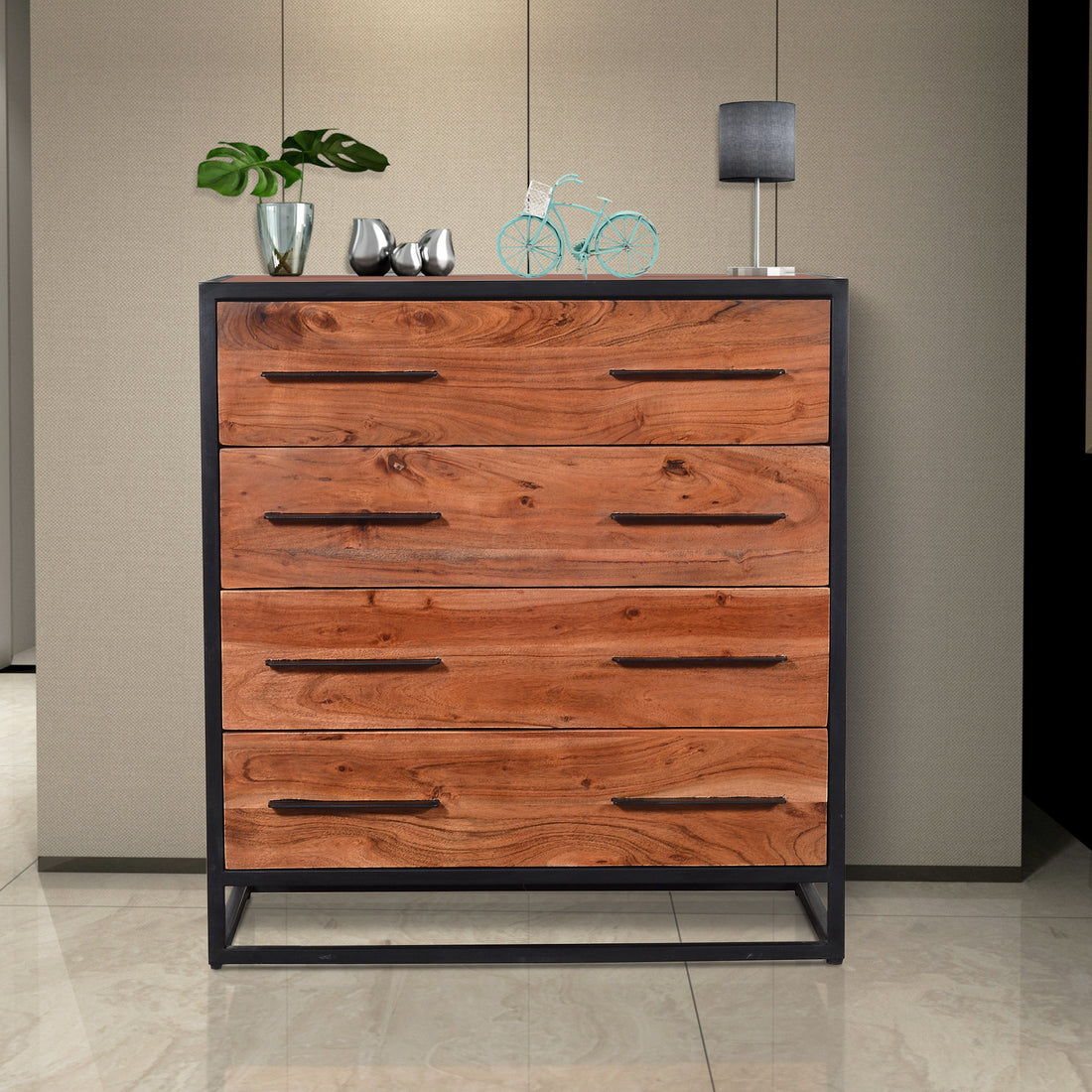 Handmade Dresser With Grain Details And 4 Drawers, Brown And Black Brown Solid Wood