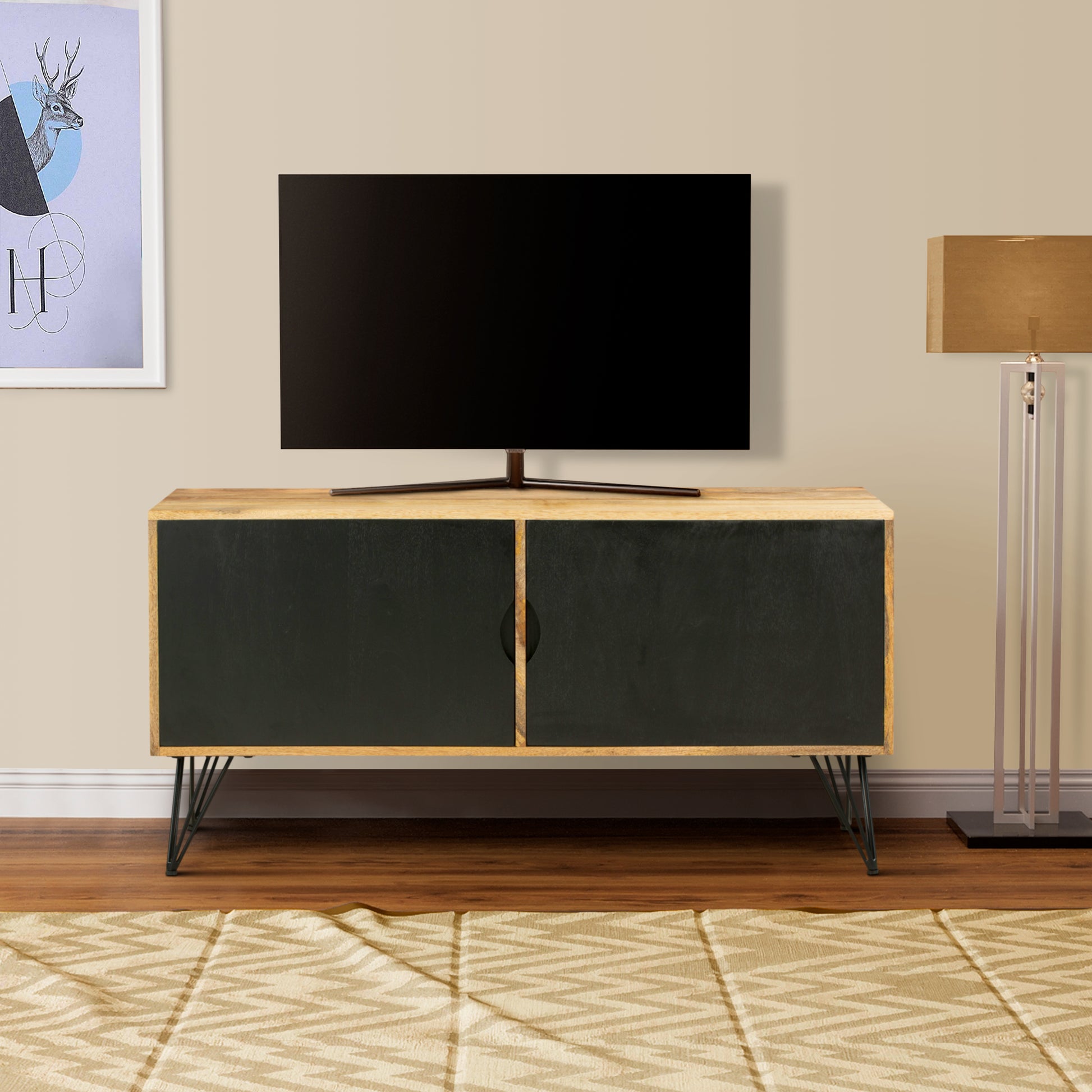 Tv Entertainment Unit With 2 Doors And Wooden Frame, Oak Brown And Black Brown Solid Wood