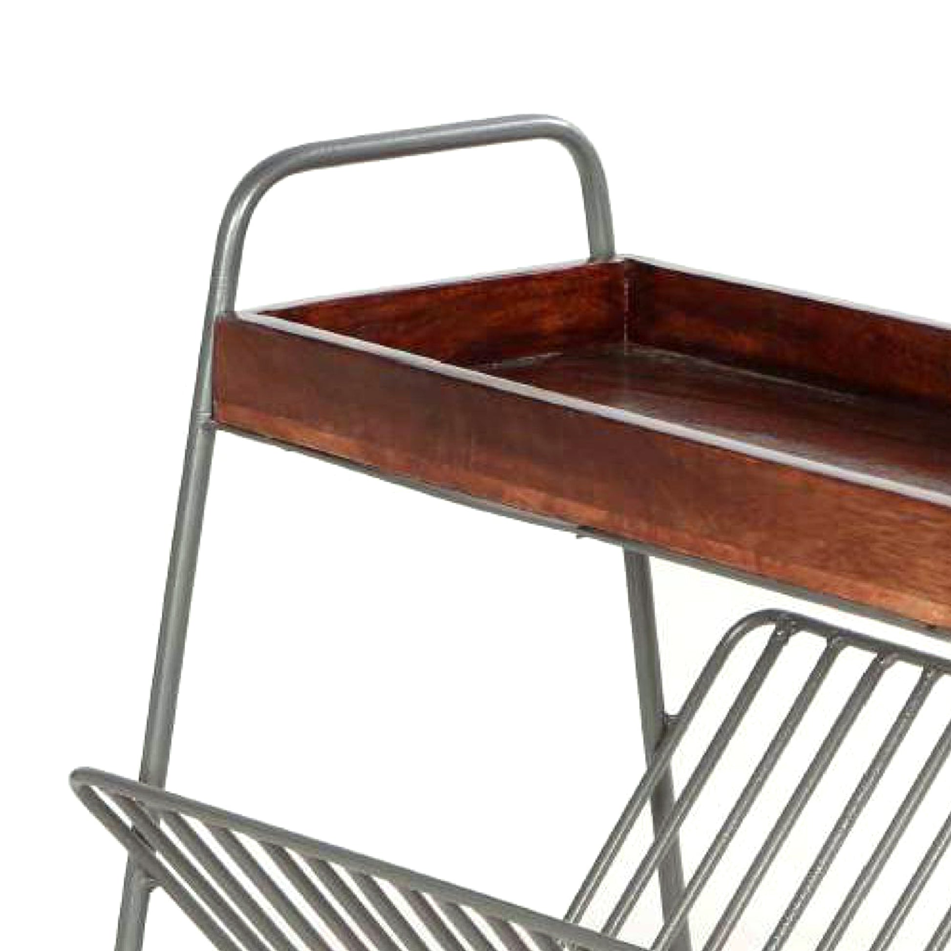 25 Inch Rectangular Metal Frame Side Table, Magazine Rack, Mango Wood Tray Top, Brown, Pewter Gray Gray Iron