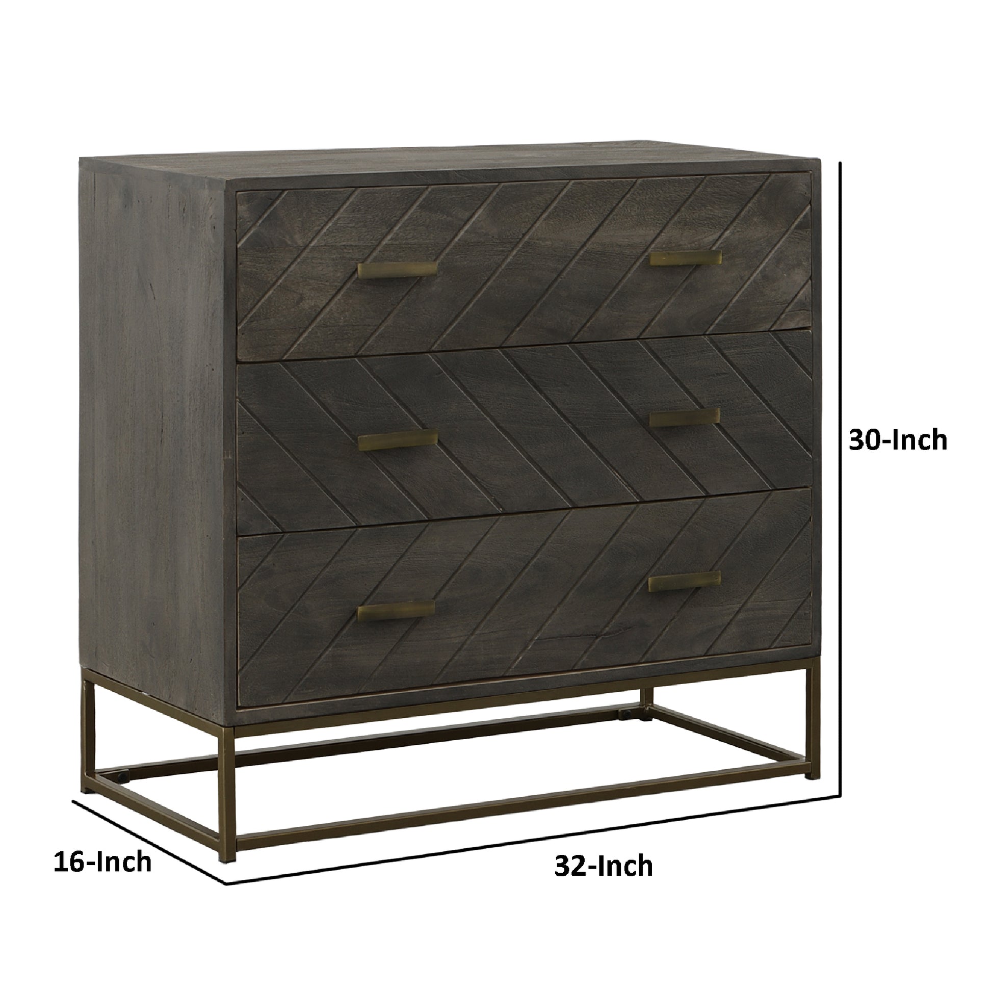 Roy 32 Inch 3 Drawer Mango Wood Dresser Chest, Rustic Bronze Metal Frame, Gray Gray Solid Wood