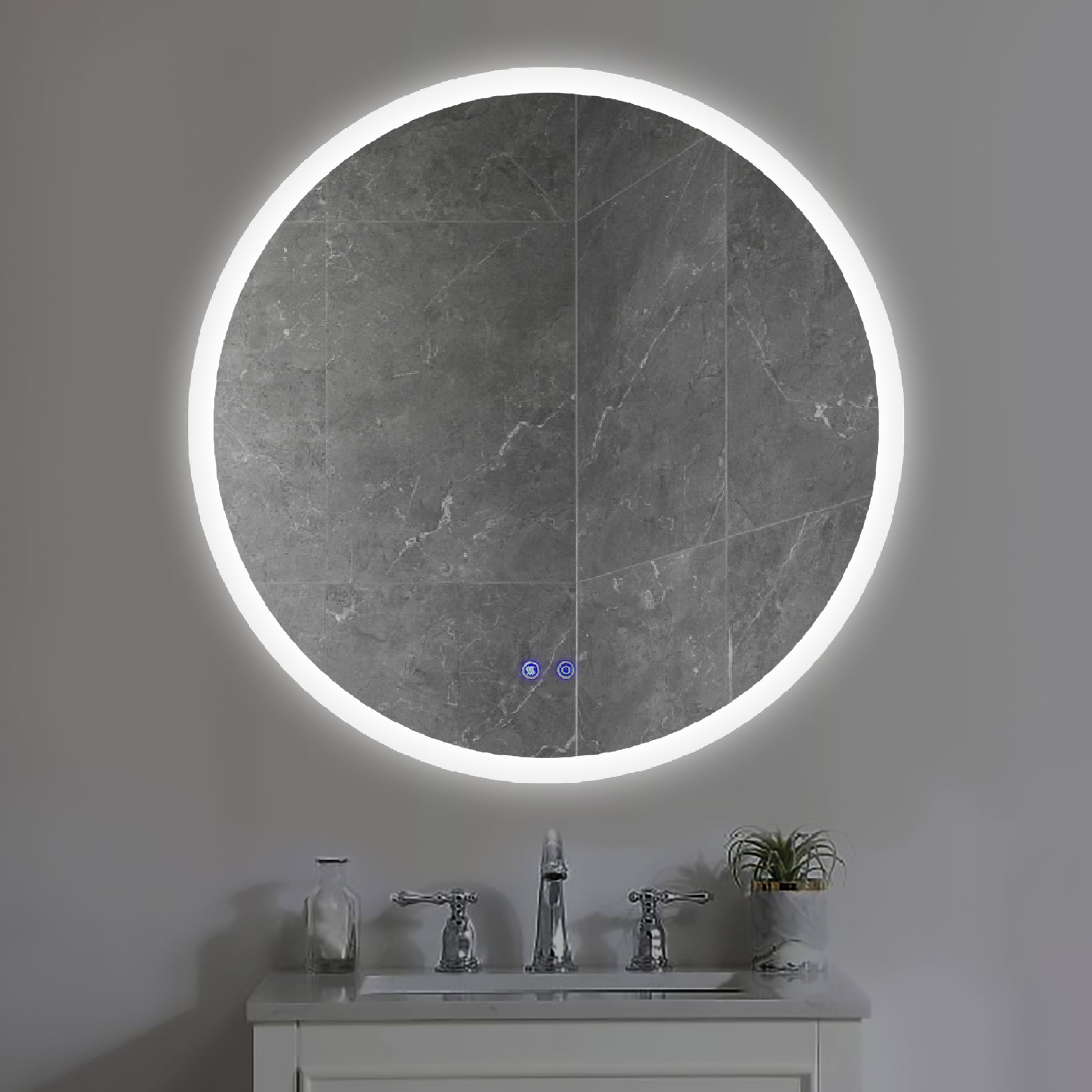 32 X 32 Inch Round Frameless Led Illuminated Bathroom Mirror, Touch Button Defogger, Metal, Silver Silver Aluminum