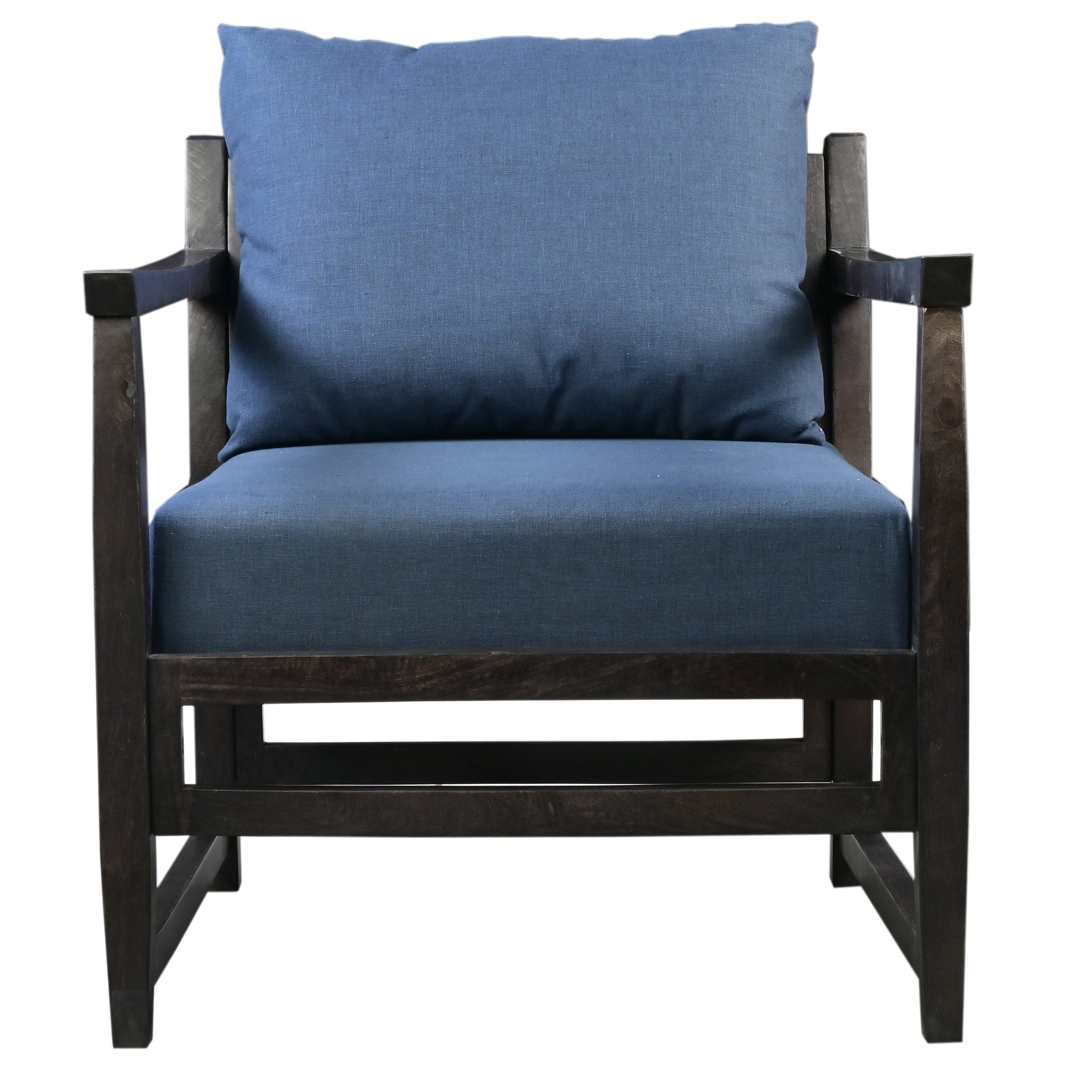 Malibu 27 Inch Handcrafted Mango Wood Accent Chair, Fabric, Pillow Back, Open Frame, Blue, Black Blue Solid Wood