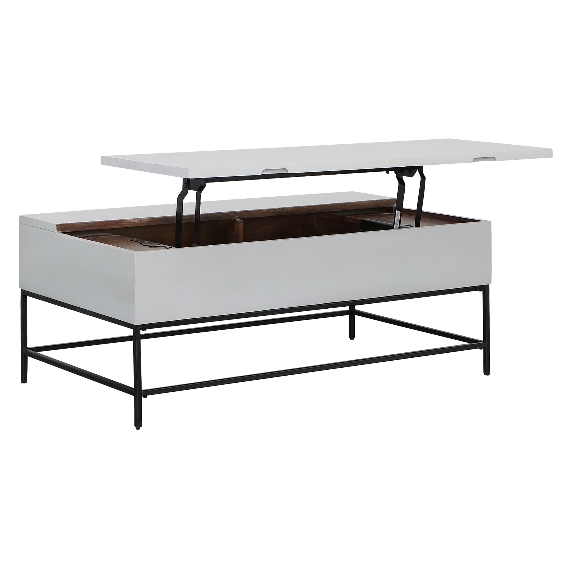 45 Inch Rectangular Mango Wood Coffee Table, Lift Top Storage, Iron Frame, White, Black White Solid Wood