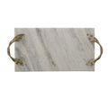 Decor Tray With Marble Frame And Carved Metal Handles, White And Gold White Marble