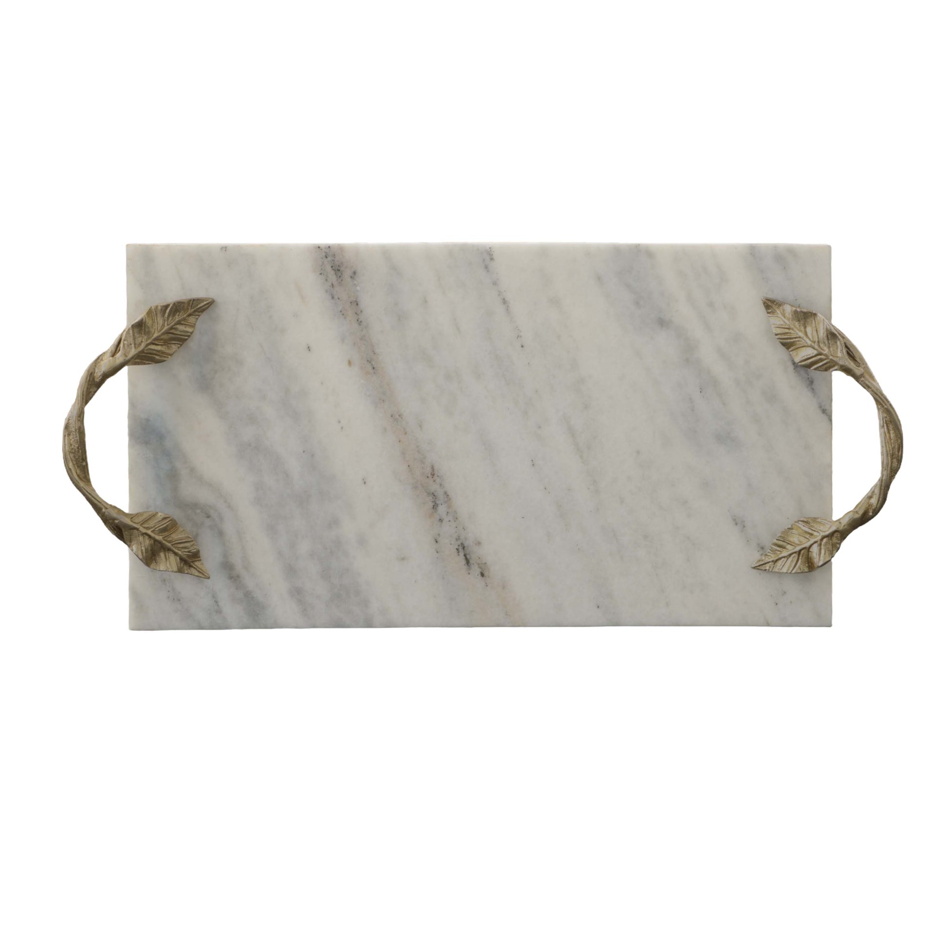 Decor Tray With Marble Frame And Carved Metal Handles, White And Gold White Marble