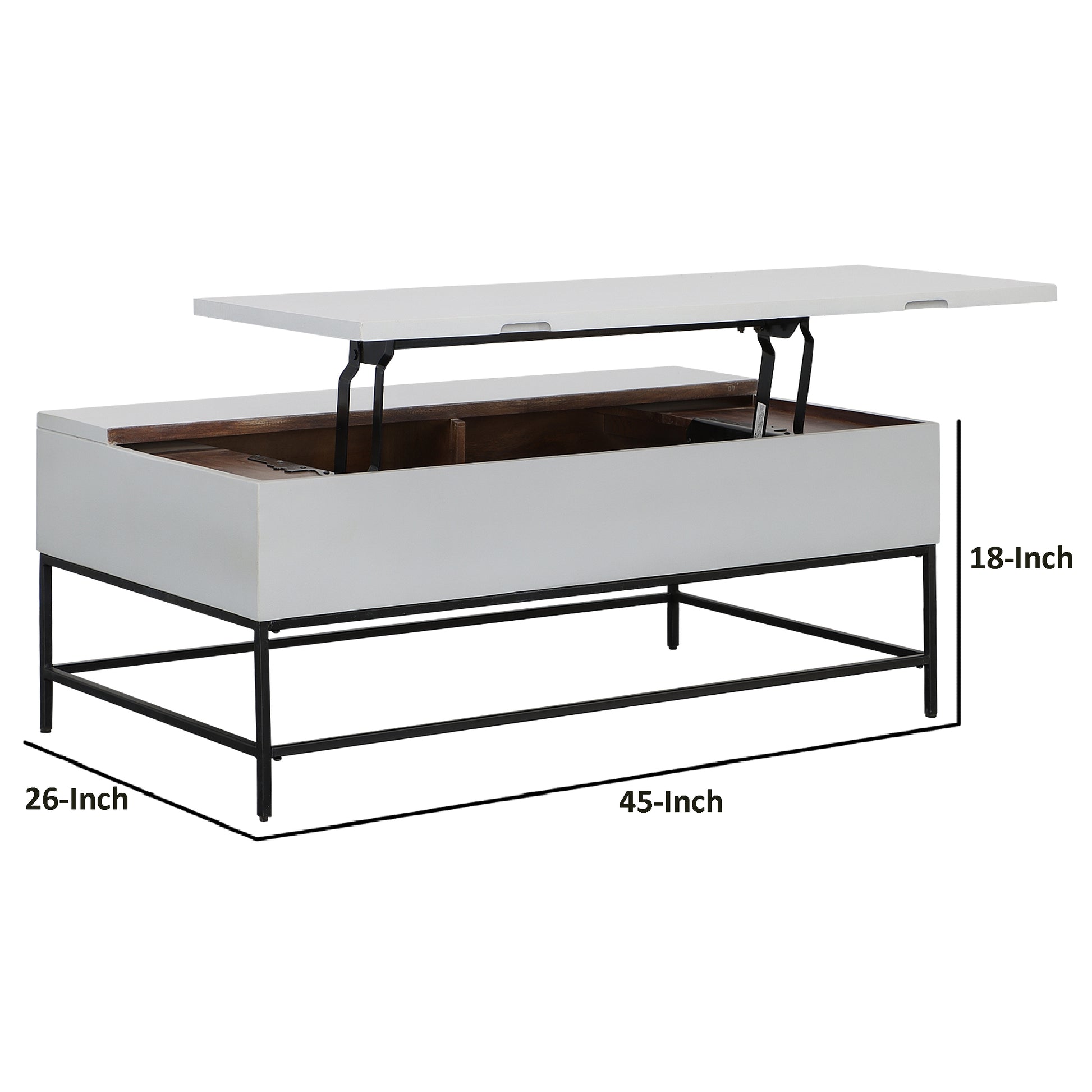 45 Inch Rectangular Mango Wood Coffee Table, Lift Top Storage, Iron Frame, White, Black White Solid Wood