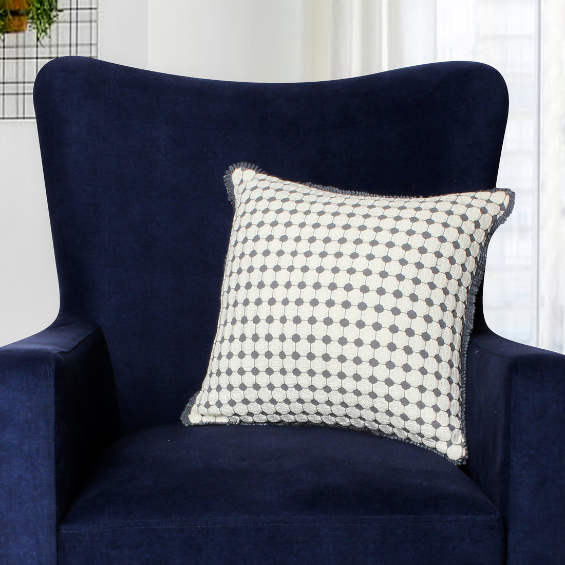 18 X 18 Handcrafted Square Cotton Accent Throw Pillow, Woven, Dotted Tile Design, White, Gray White Cotton